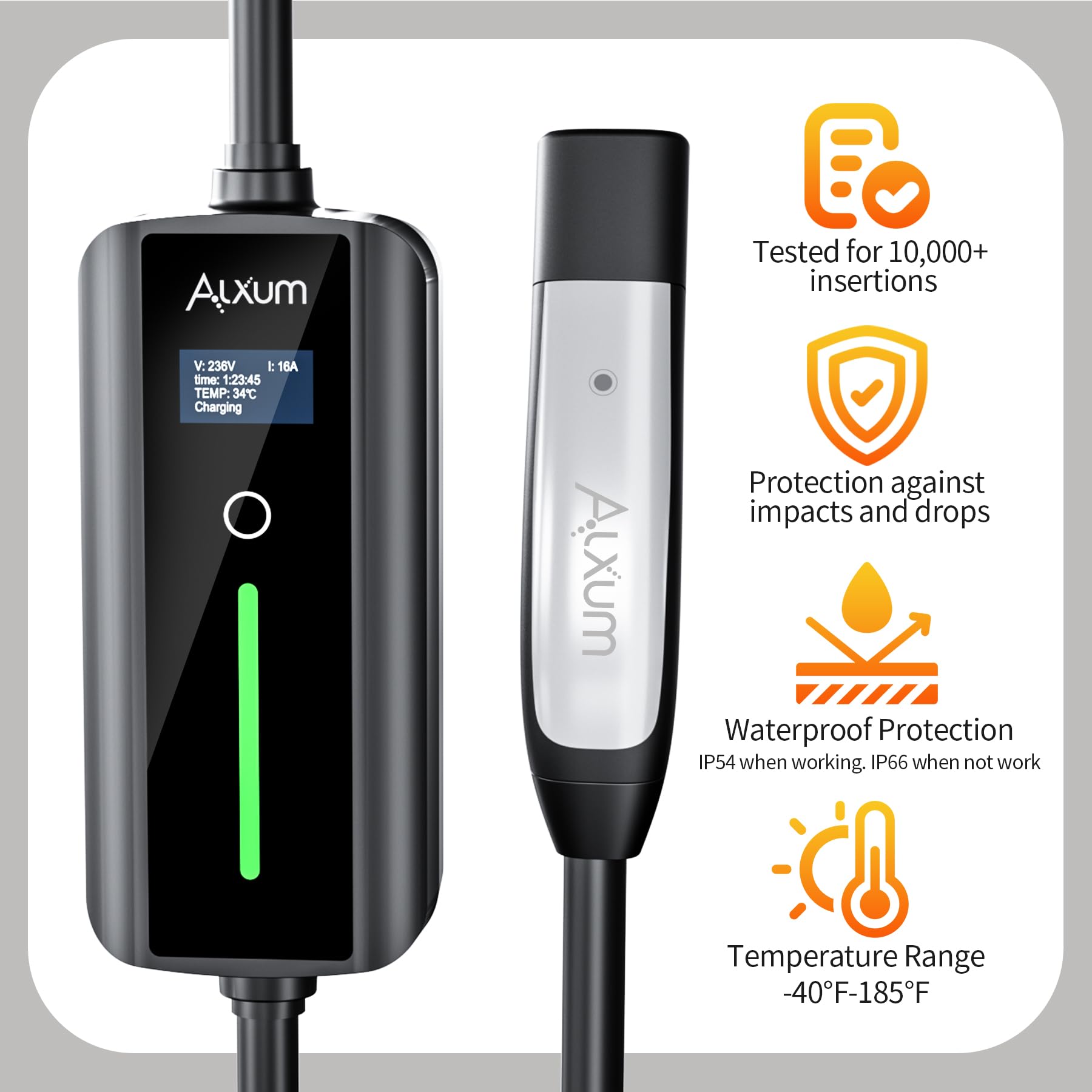 Alxum 16A Tesla Mobile Charger - Level 1 EV Charger (110V) Compatible with Tesla Models Y/3/S/X & Cybertruck | 16.4FT Cable with NEMA 5-15 Plug | Home & Travel Charging Solution