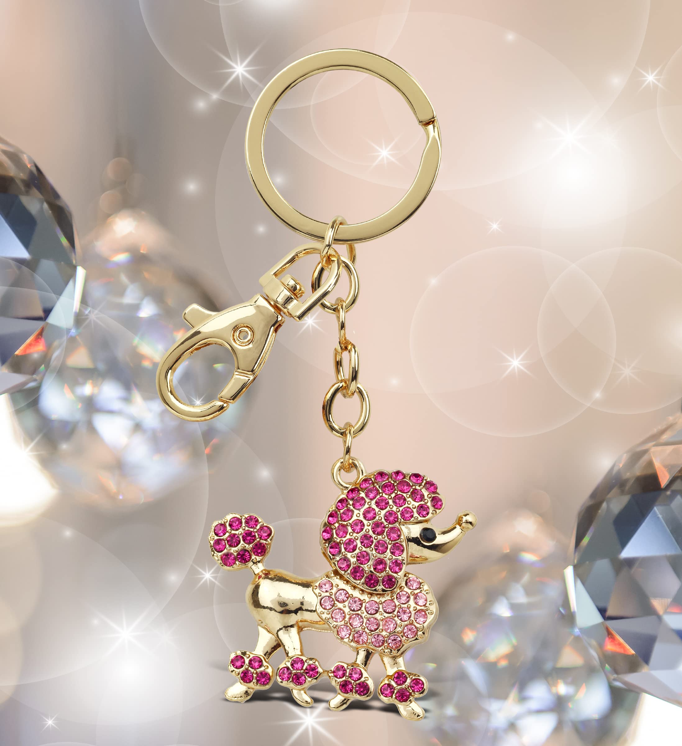 Elegant Pink Poodle Dog Keychain - Gold 3D Sparkling Rhinestone Charm, Fashionable Stylish Metal Alloy Key Ring with Clasp | Durable Crystal Jewelry Accessory for Women, Girls, Pets Lovers | Perfect for Keychains, Bags, Gifts & Party Favors