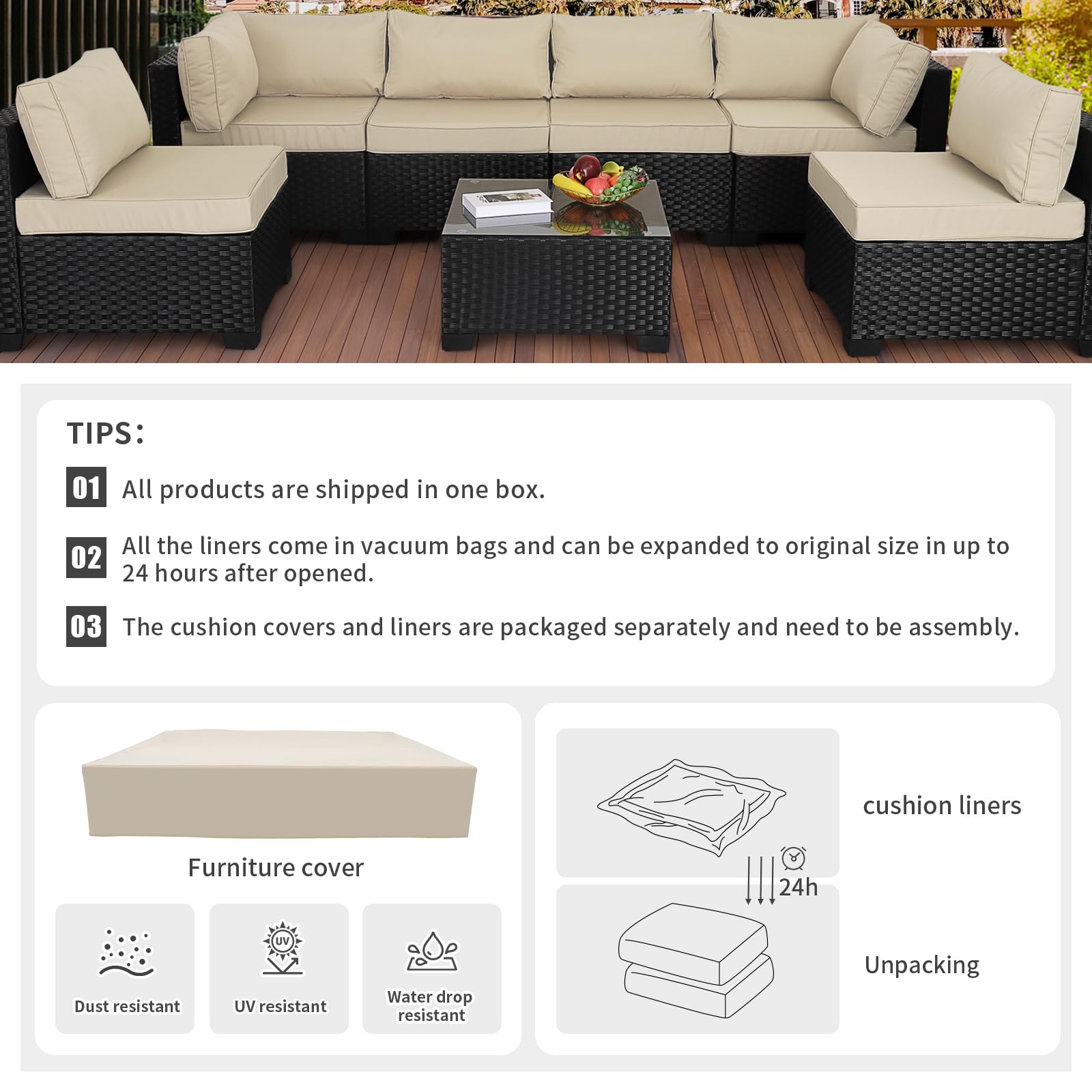 **Valita 14-Piece Water-Resistant Outdoor Replacement Cushions for 6-Seat Sectional Rattan Sofa Set – Khaki Patio Furniture Cushions with Liner & Cover – Perfect for Backyard, Deck, and Poolside Relaxation**