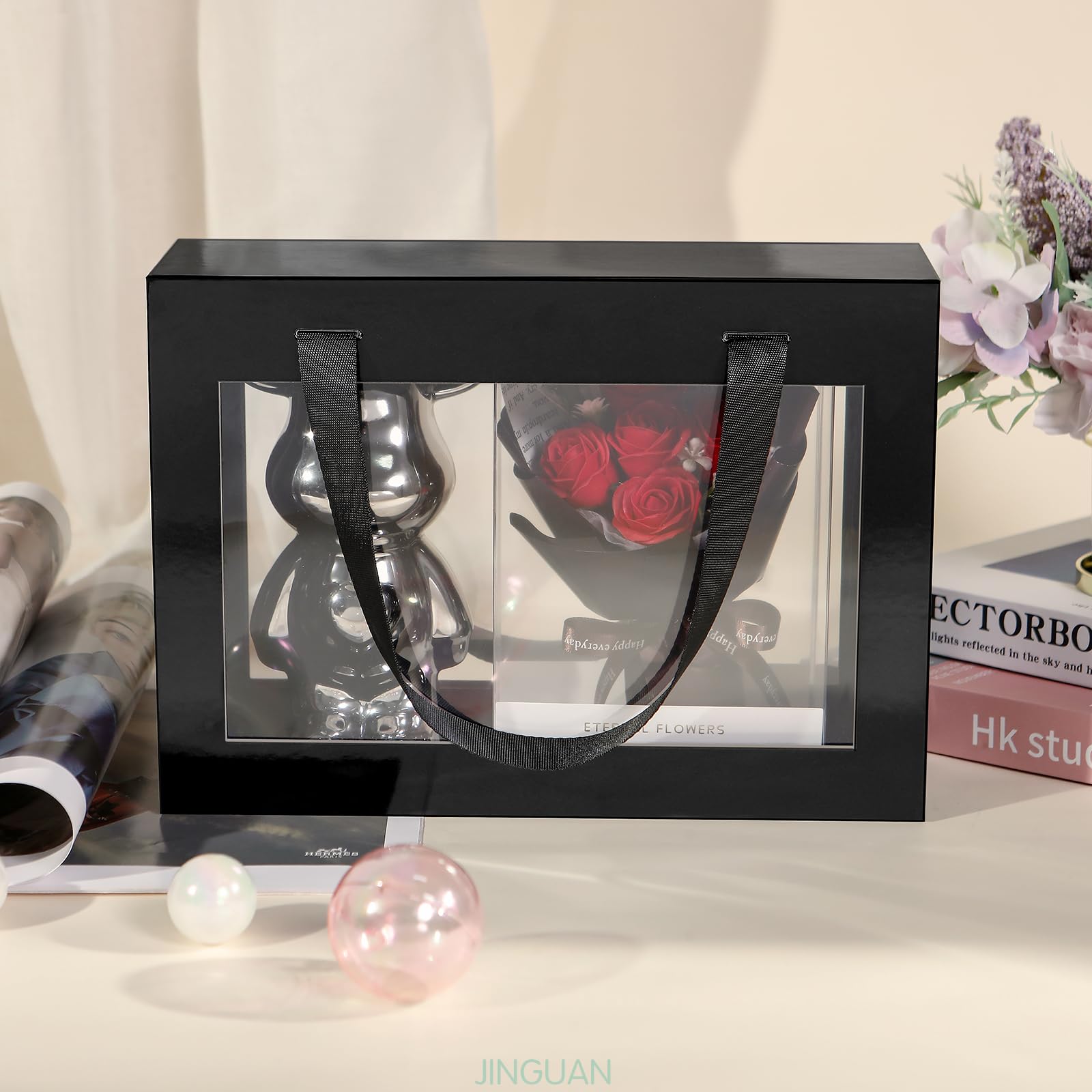 Premium Black Gift Box with Clear Window - Magnetic Closure, Lid & Handle - 10.5x7.5x3 Inches - Elegant Present Box for Groomsman Proposal, Wedding Favors, Birthday Gifts & Special Occasions