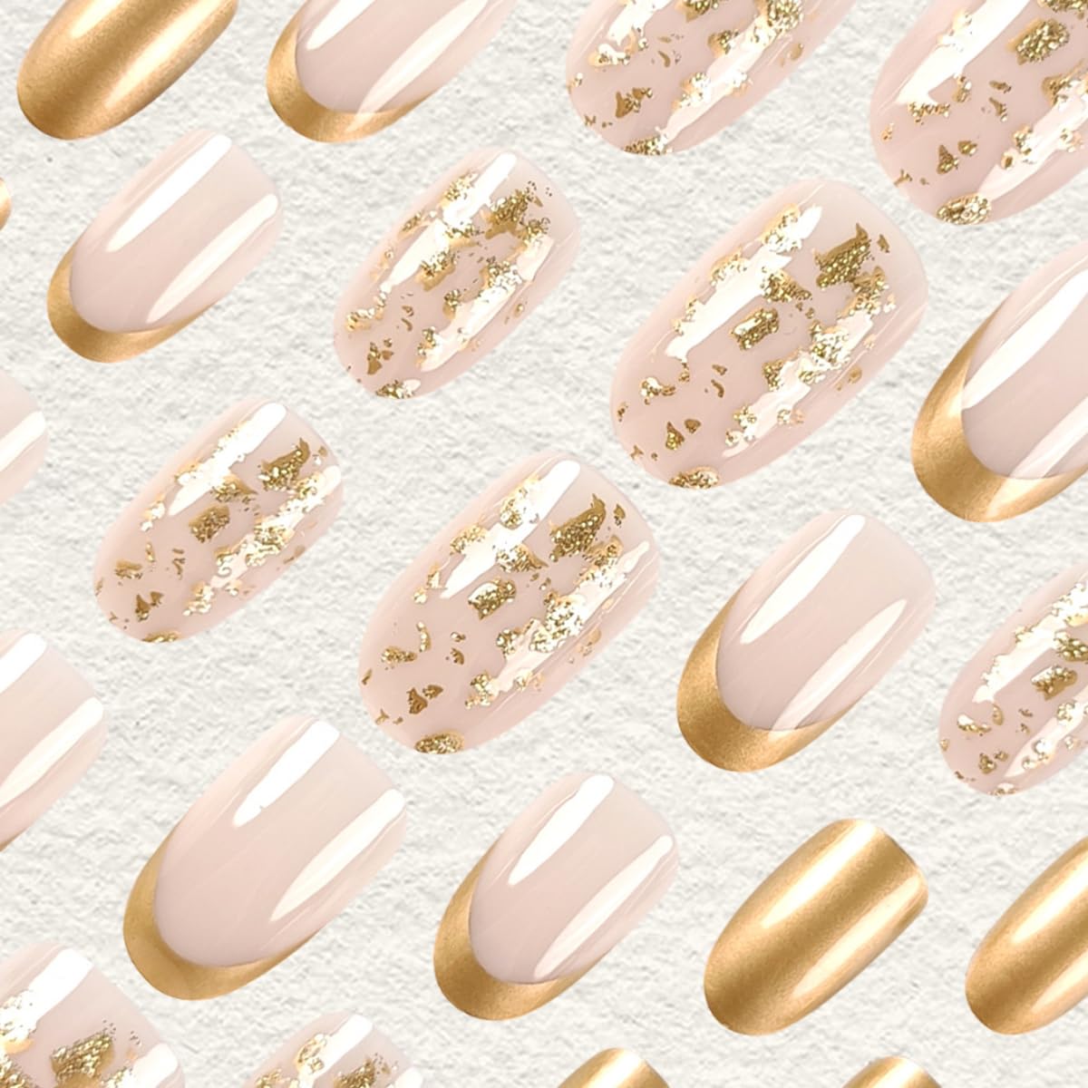 24pcs Gold French Tip Press on Nails - Medium Almond Fake Nails with Glitter | Full Cover Glue on Artificial Nails for Women | Perfect for Parties, Weddings & Daily Nail Art Decorations