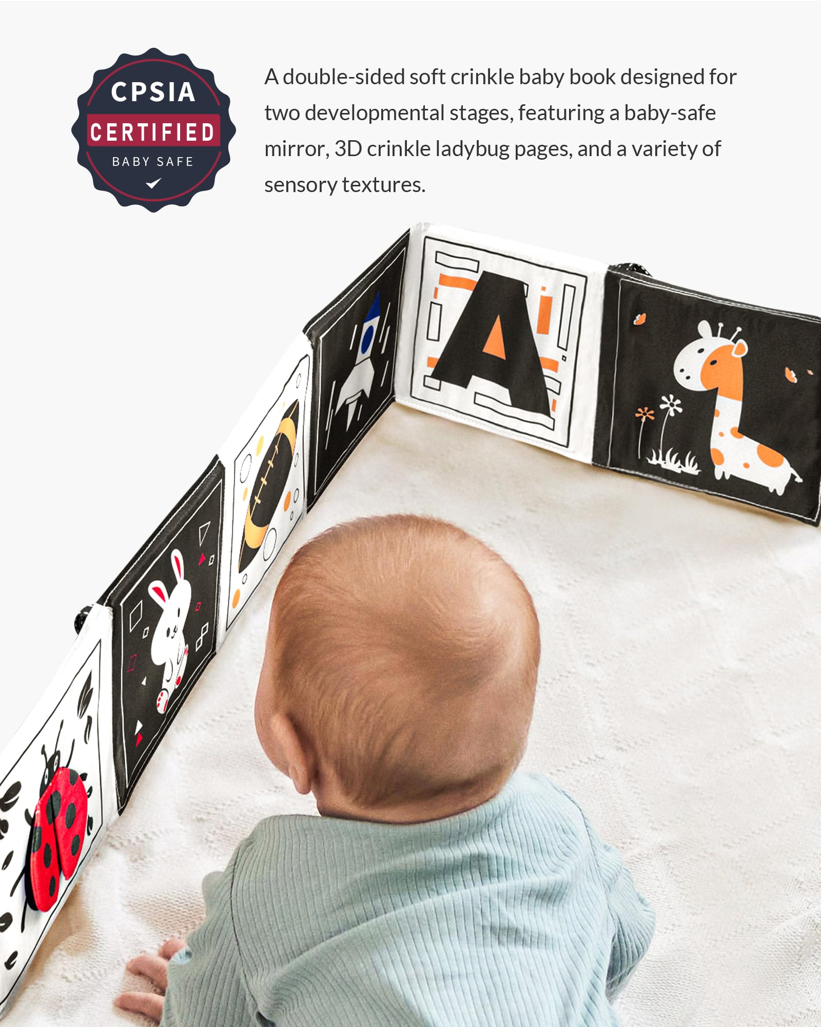 Infinno High Contrast Crinkle Cloth Activity Book - Black & White Baby Toys for 0-6 Months | Infant Sensory Mirror & Tummy Time Toys | Essential Newborn Developmental Gifts for Playtime & Learning