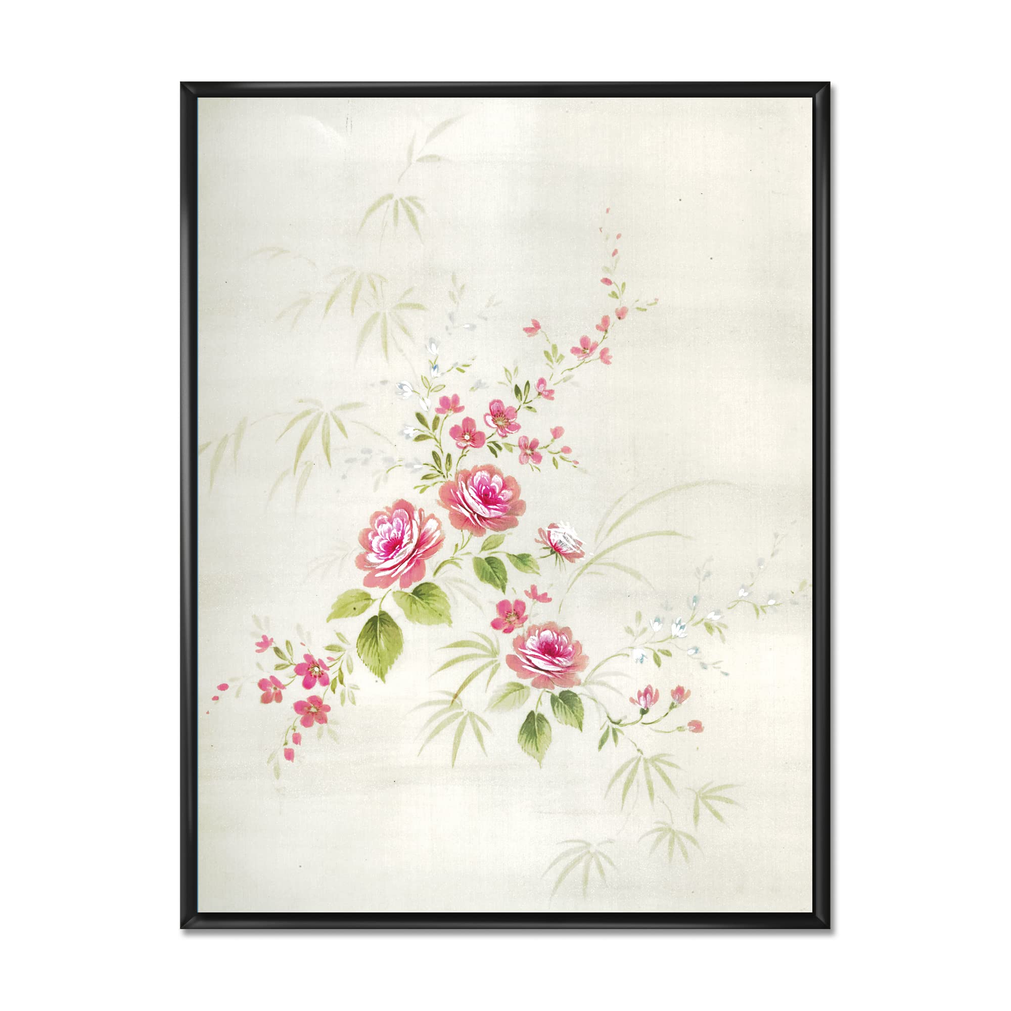 DesignQ Retro Floral Drawing II - Vintage Framed Canvas Wall Art Print for Living Room, Bedroom & Office Decor