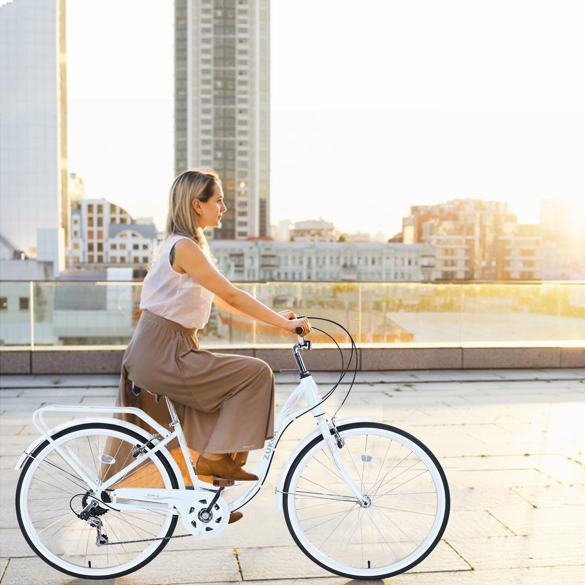 ZUKKA 24/26 Inch Women's Beach Cruiser Bike - 7 Speed City Bicycle with Dual V-Brake & Adjustable Seat - Comfortable Commuter Bike for Women & Men - Perfect for Beach Rides, City Commuting & Leisure Cycling (Multiple Colors)