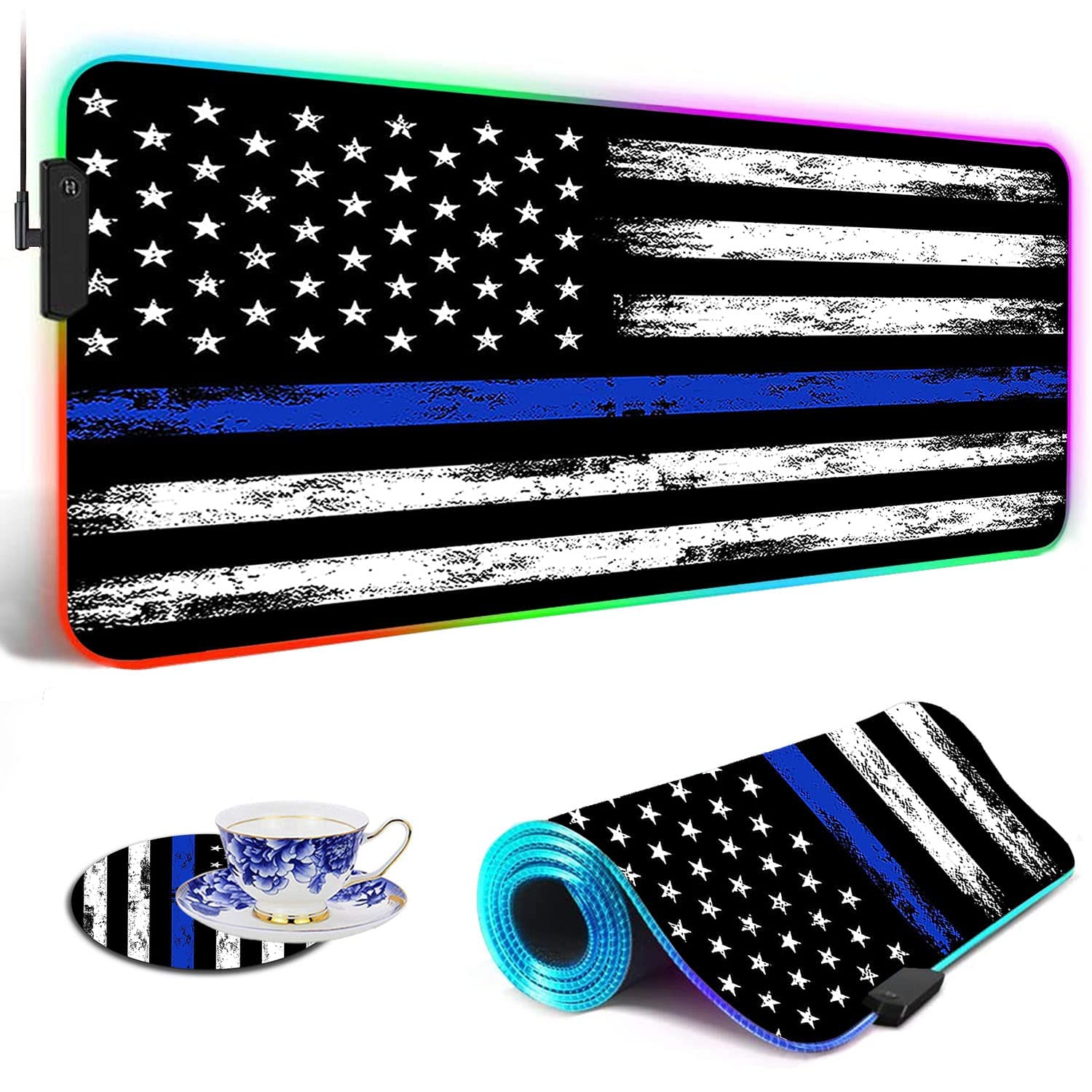 RGB Gaming Mouse Pad with LED Lights - Large Non-Slip Desk Mat for Keyboard & Mouse | Waterproof Optical Surface for PC Gaming | Retro Thin Blue Line American Flag Design - Perfect for Esports, Office Work & Home Computer Setup