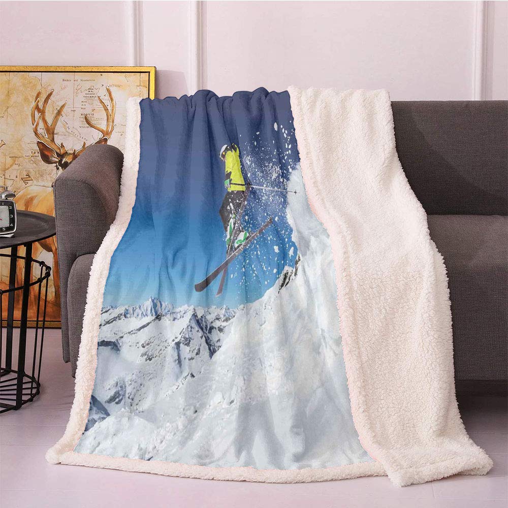 SeptSonne Extreme Sports Sherpa Fleece Blanket - Skiing Mountain Winter Scene Digital Print, Warm & Cozy (60x80 Inches, Multicolor) - Perfect for Ski Trips, Camping & Home Decor