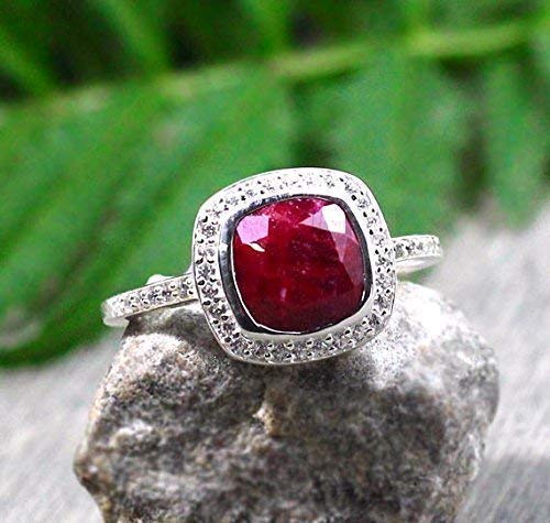 Handmade 925 Sterling Silver Solitaire Ruby Gemstone Ring - Cushion Cut Designer Jewelry for Women, Perfect for Engagement, Wedding & Special Occasions