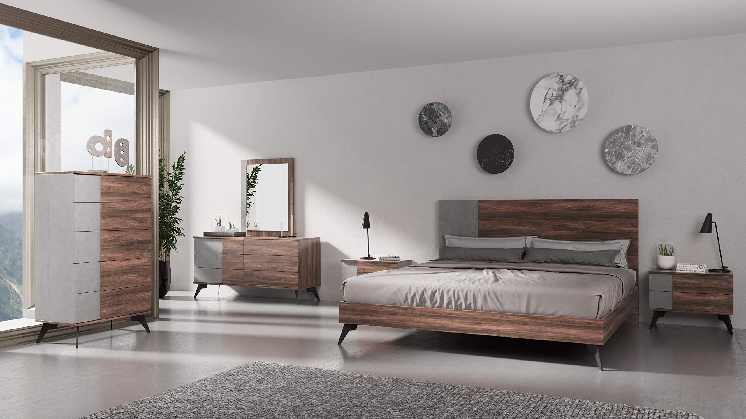 Modern Italian Style Faux Concrete & Walnut Bedroom Set - Eastern King Size Bed, 2 Nightstands, Dresser & Mirror | Contemporary Bedroom Furniture for Luxurious Home Decor