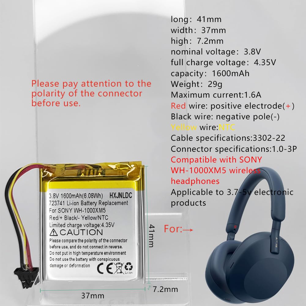 Sony WH-1000XM5 Replacement Battery 3.8V 1600mAh Lithium-ion - Compatible with WH1000XM5 Bluetooth Wireless Noise Canceling Headphones - Perfect for Travel, Work, and Music Listening