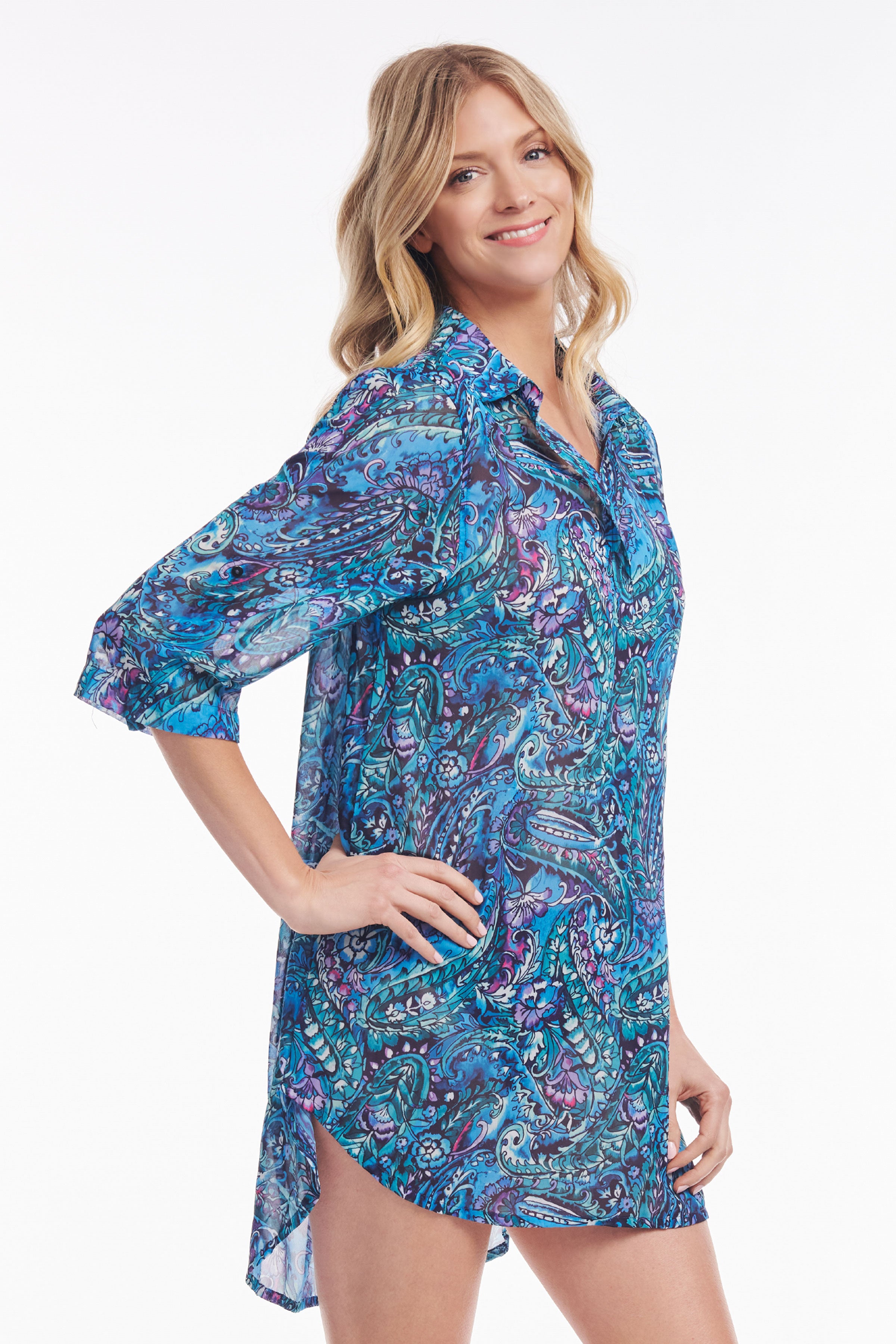 Stylish Collared Pullover Tunic Coverup - Floral Paisley Print in Sea Breeze Blue | Perfect for Beach Cover-ups, Resort Wear & Casual Summer Outfits