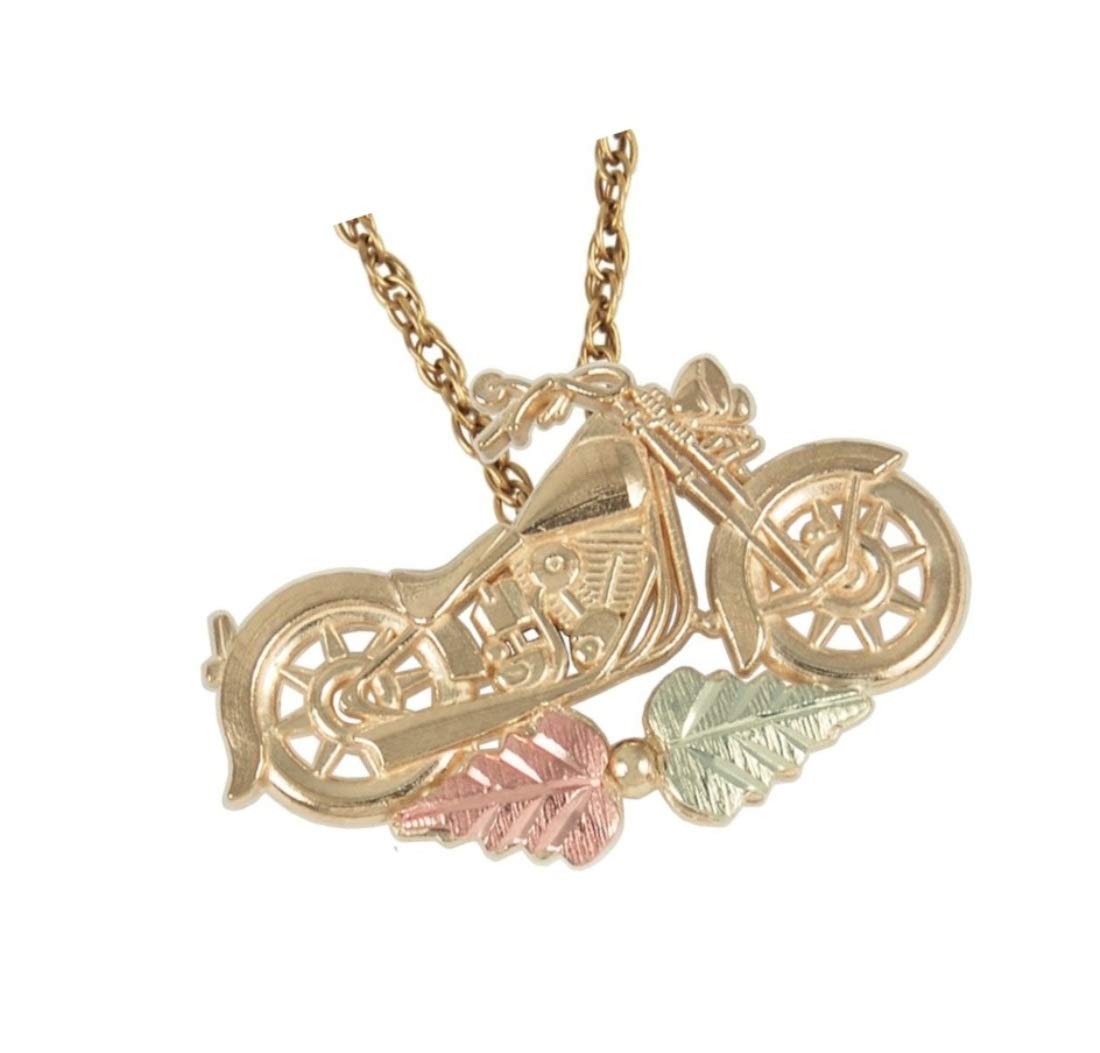 10K Yellow Gold Motorcycle Necklace for Women - 12K Green & Rose Gold Black Hills Gold Motif, 18