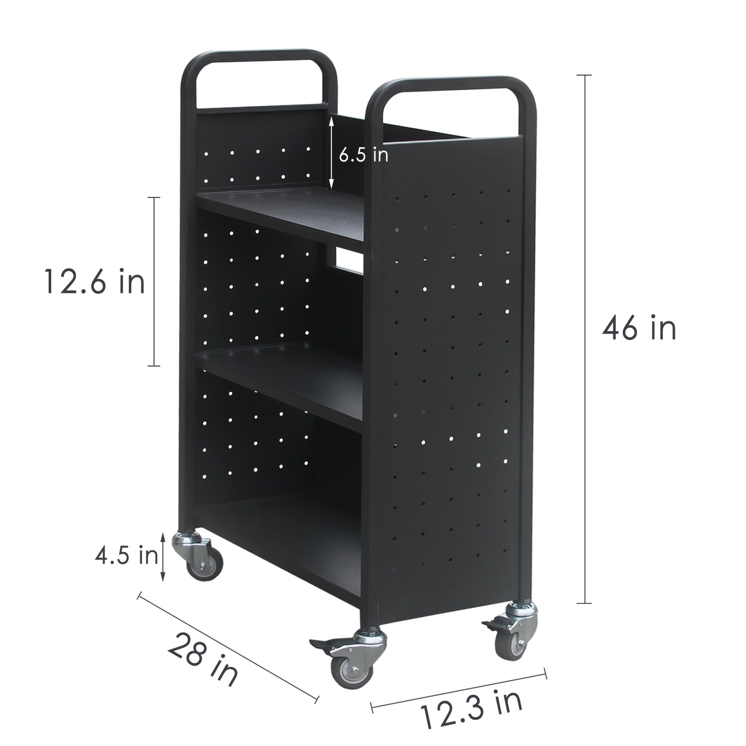 H&A Heavy Duty Book Cart with Wheels - 4-Wheel Rolling Library Cart, 3-Shelf Mobile Bookcase for Office, School & Library Storage - Black | Ideal for Classroom Organization, Book Circulation & Office Supplies Transport