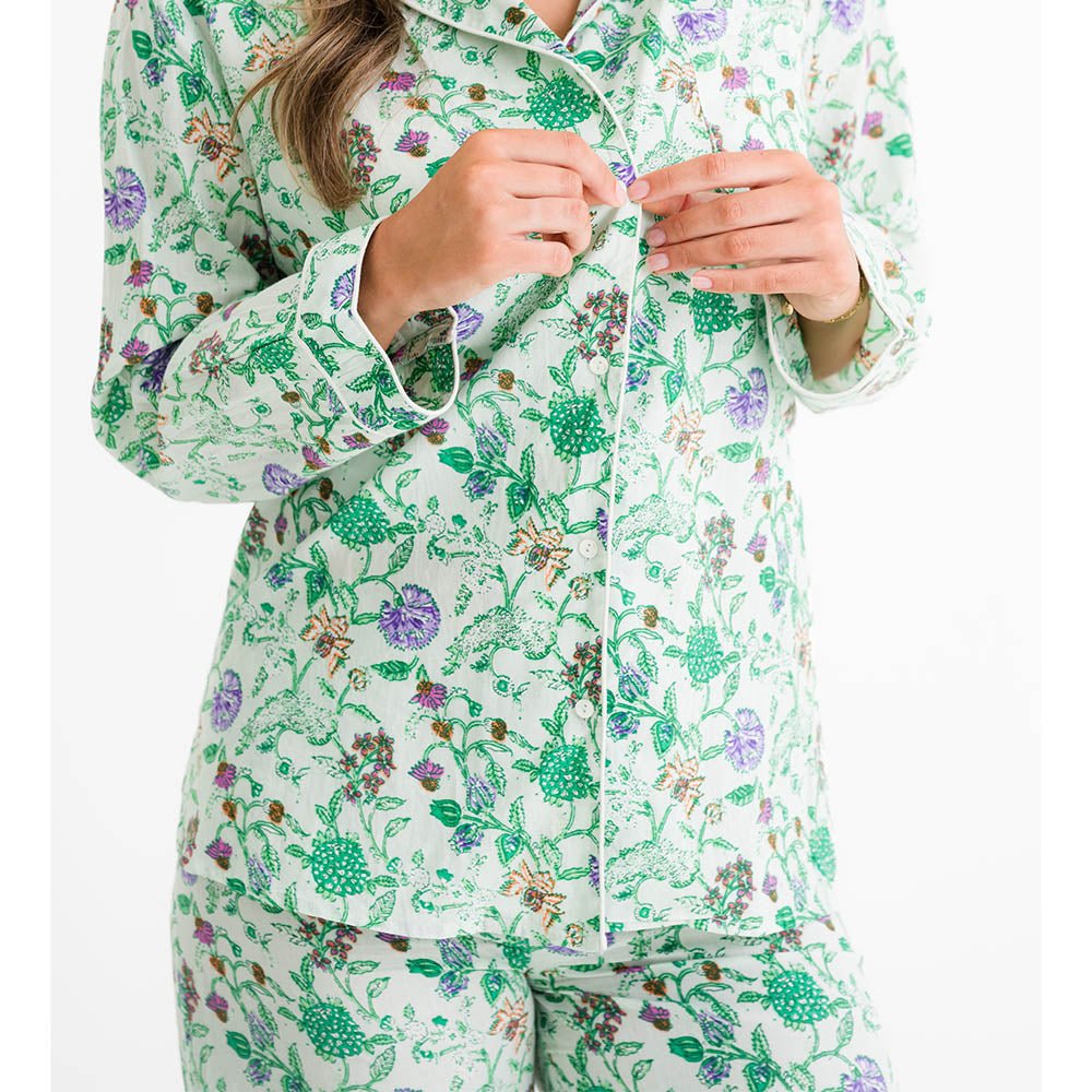 Mila Floral Emerald Green Pajama Top for Women - Soft Sleepwear & Lounge Shirt for Comfortable Nights & Relaxing at Home