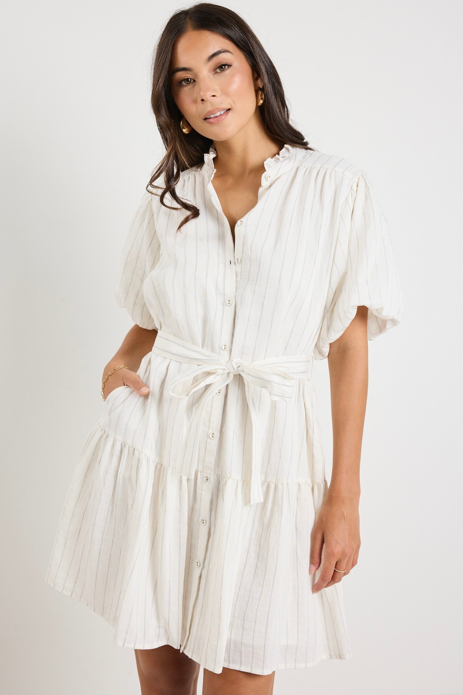 Delphi Ivory Stripe Drop Waist Belted Mini Dress for Women - Elegant Summer Party Cocktail Dress for Weddings, Dates & Special Occasions