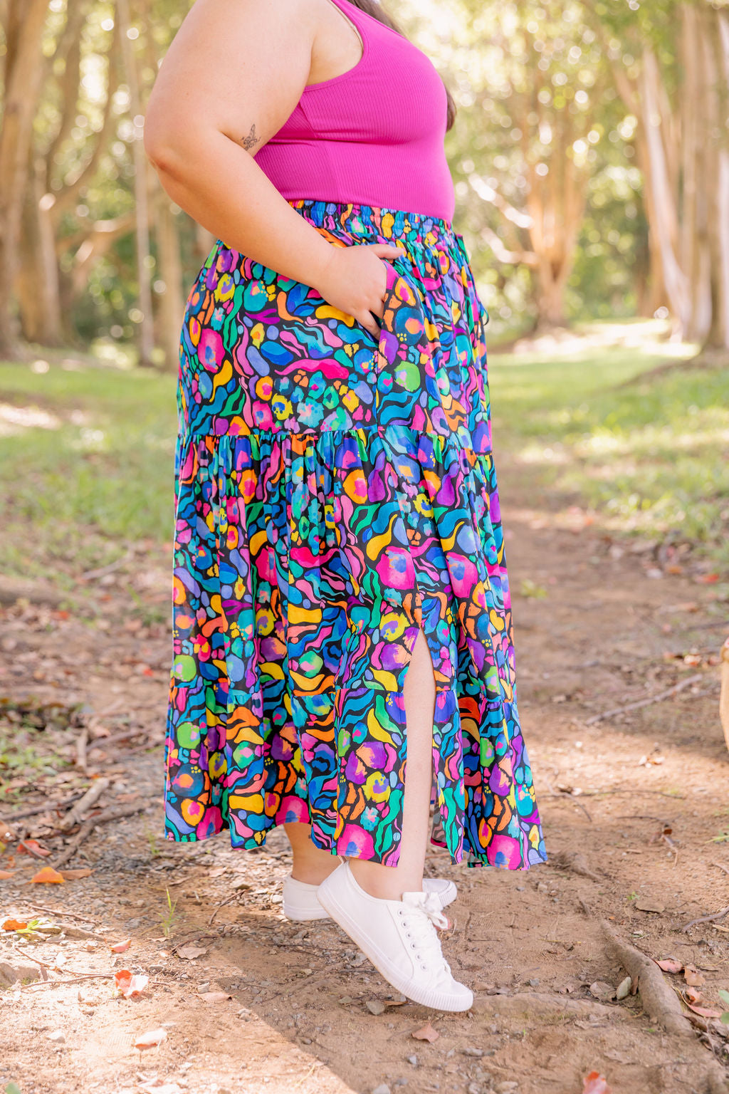 Kasey Rainbow African Print Carrie Skirt - Stylish Floral Midi Skirt for Women, Perfect for Summer Outfits, Beach Vacations & Boho Fashion