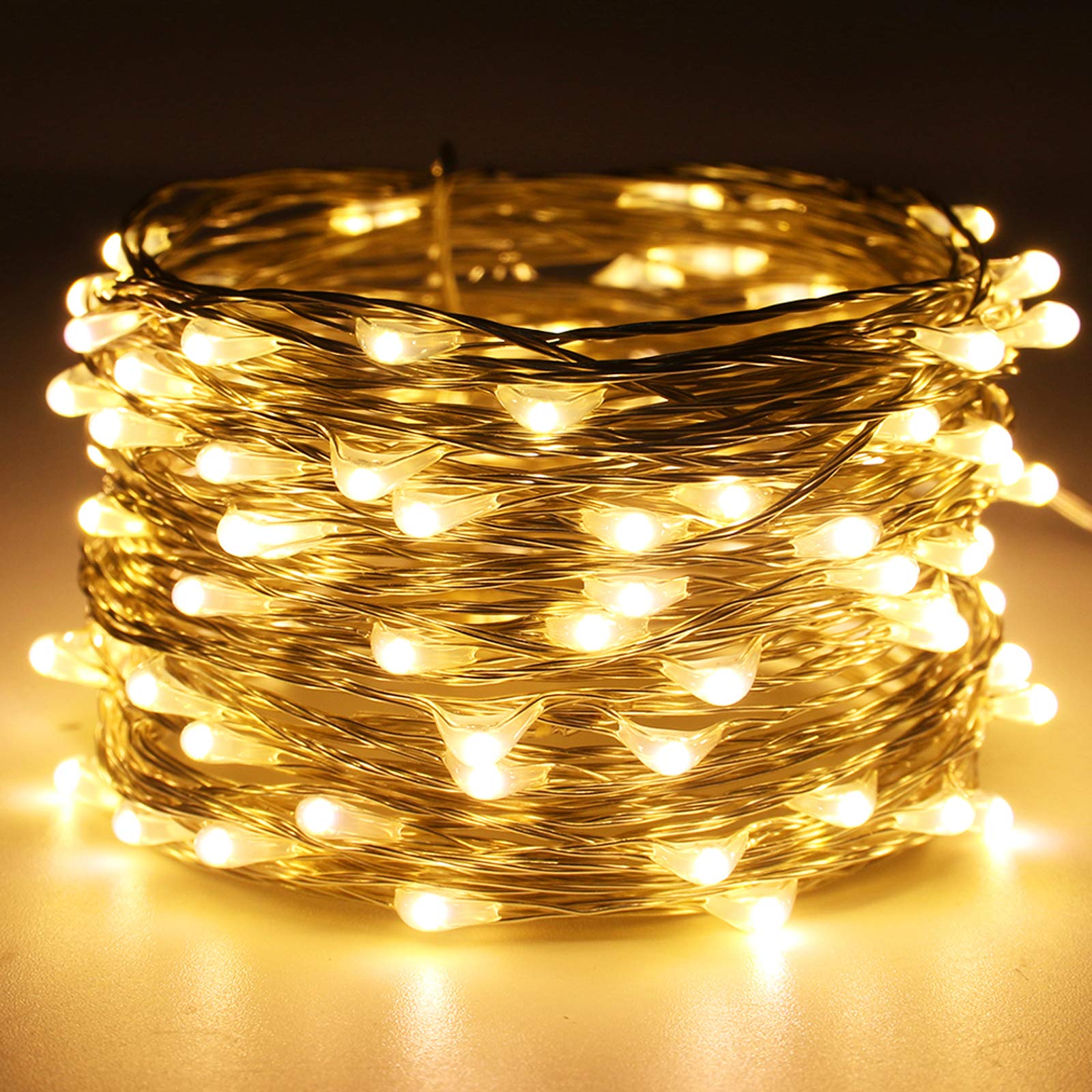 RUICHEN 33Ft 100 LED Dimmable Fairy String Lights with Remote - Waterproof Silver Wire Twinkle Lights for Christmas Decorations, Wedding Party, Bedroom, Patio (Warm White) | Indoor & Outdoor Decorative Lighting for Holidays, Events and Home Ambiance
