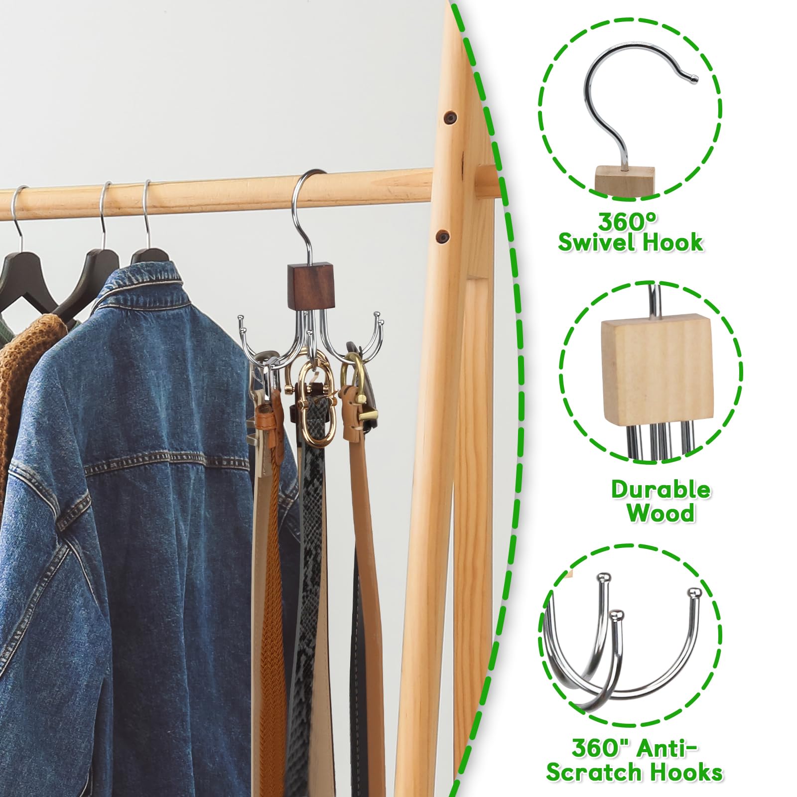 Rotatable Belt Hanger for Closet - 6 Hooks Storage Organizer for Belts, Socks, Gloves & Accessories | Space-Saving Closet Organizer for Bedroom, Dorm & Entryway