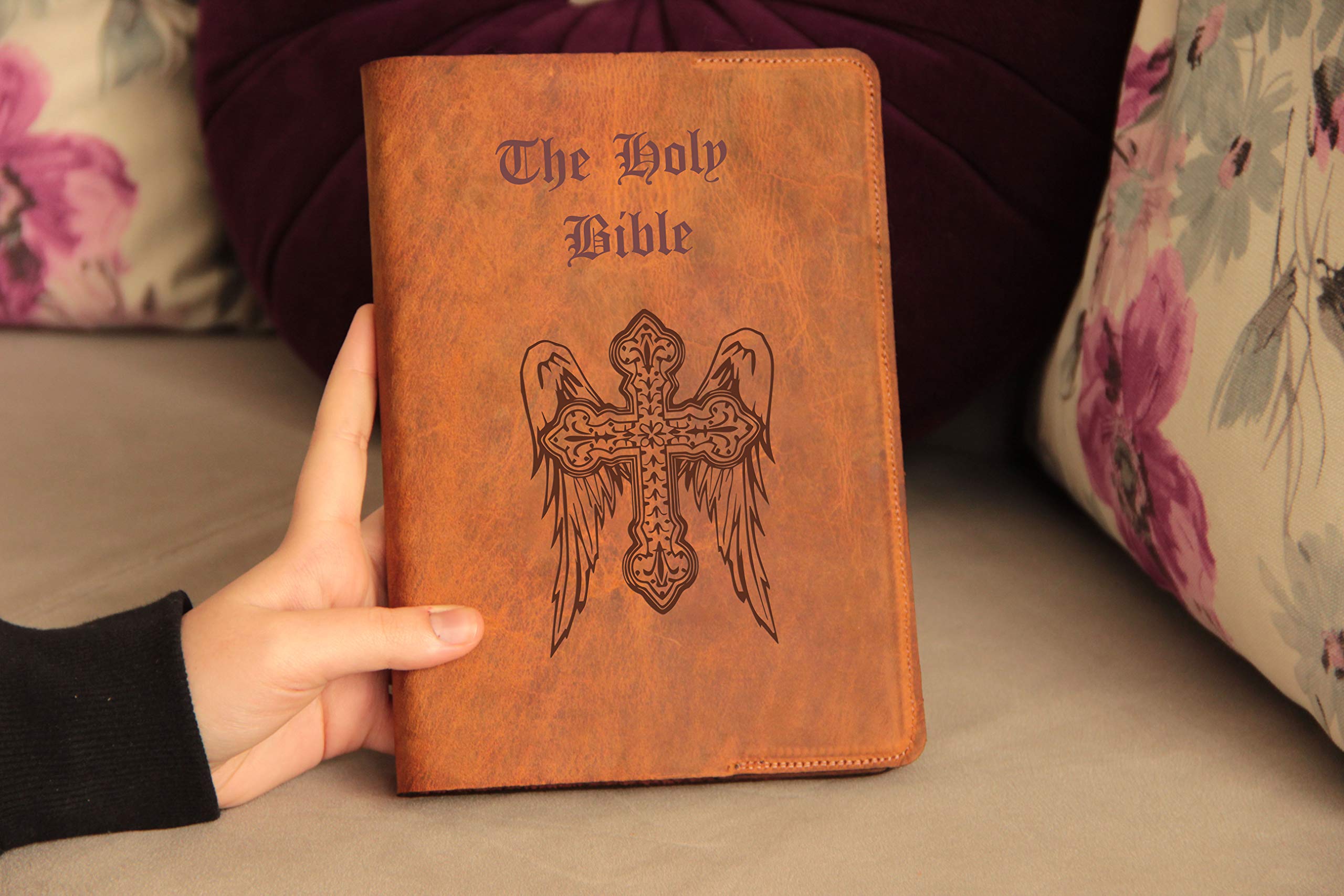 Custom Engraved Genuine Leather Bible Cover - Personalized Text & Quote, Secure Closure Strap, Includes Jotter & Scribble Pad - Perfect for Church, Bible Study, Music Journaling & Gift Giving