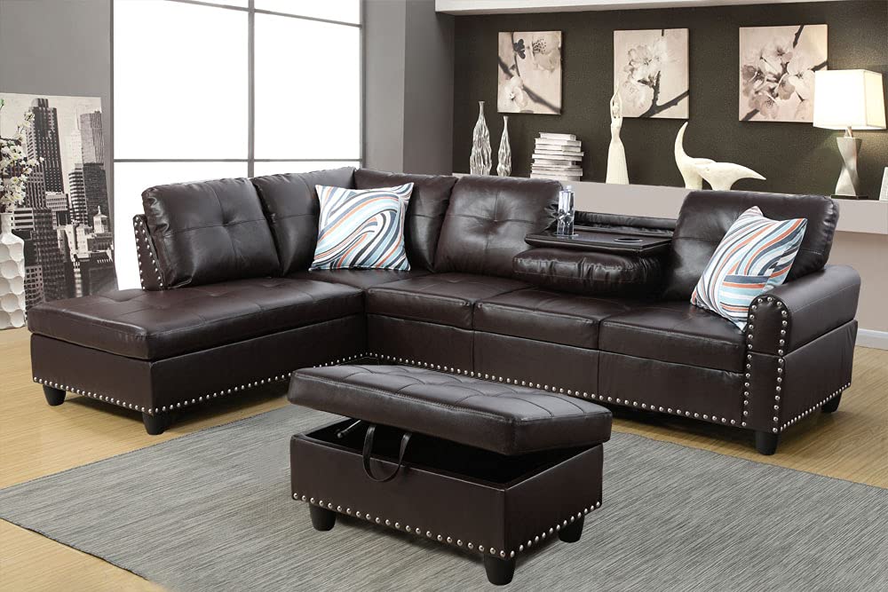 Modern Left-Facing Sectional Sofa with Ottoman & Cup Holders - Brown Faux Leather for Living Room | Perfect for Small Spaces, Family Gatherings & Movie Nights