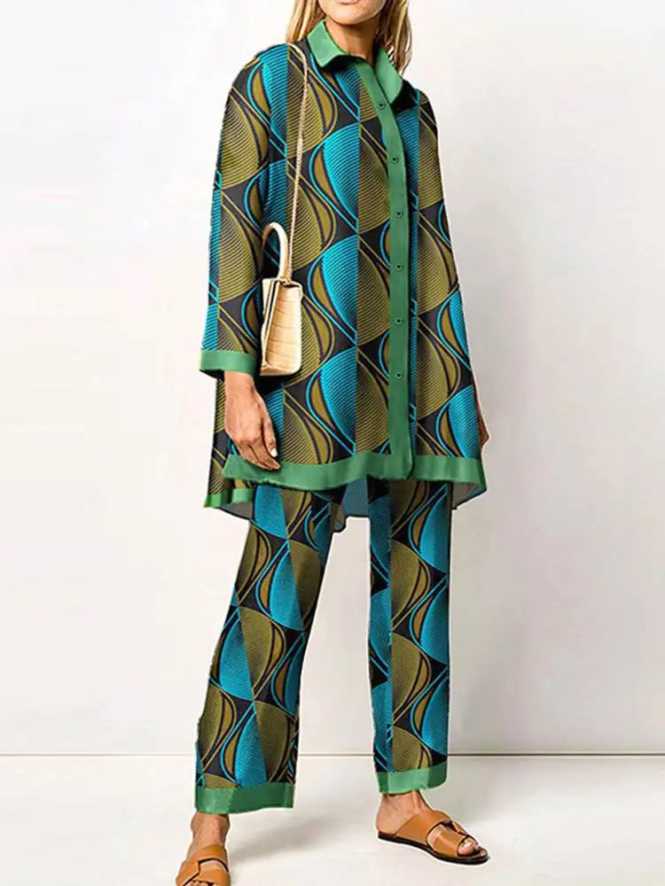 ZANZEA Women's Retro Printed 2-Piece Pant Set - Long Sleeve Lapel Shirt & Elegant Trousers Outfit | 2023 Fashion Tracksuit for Holiday & Casual Wear