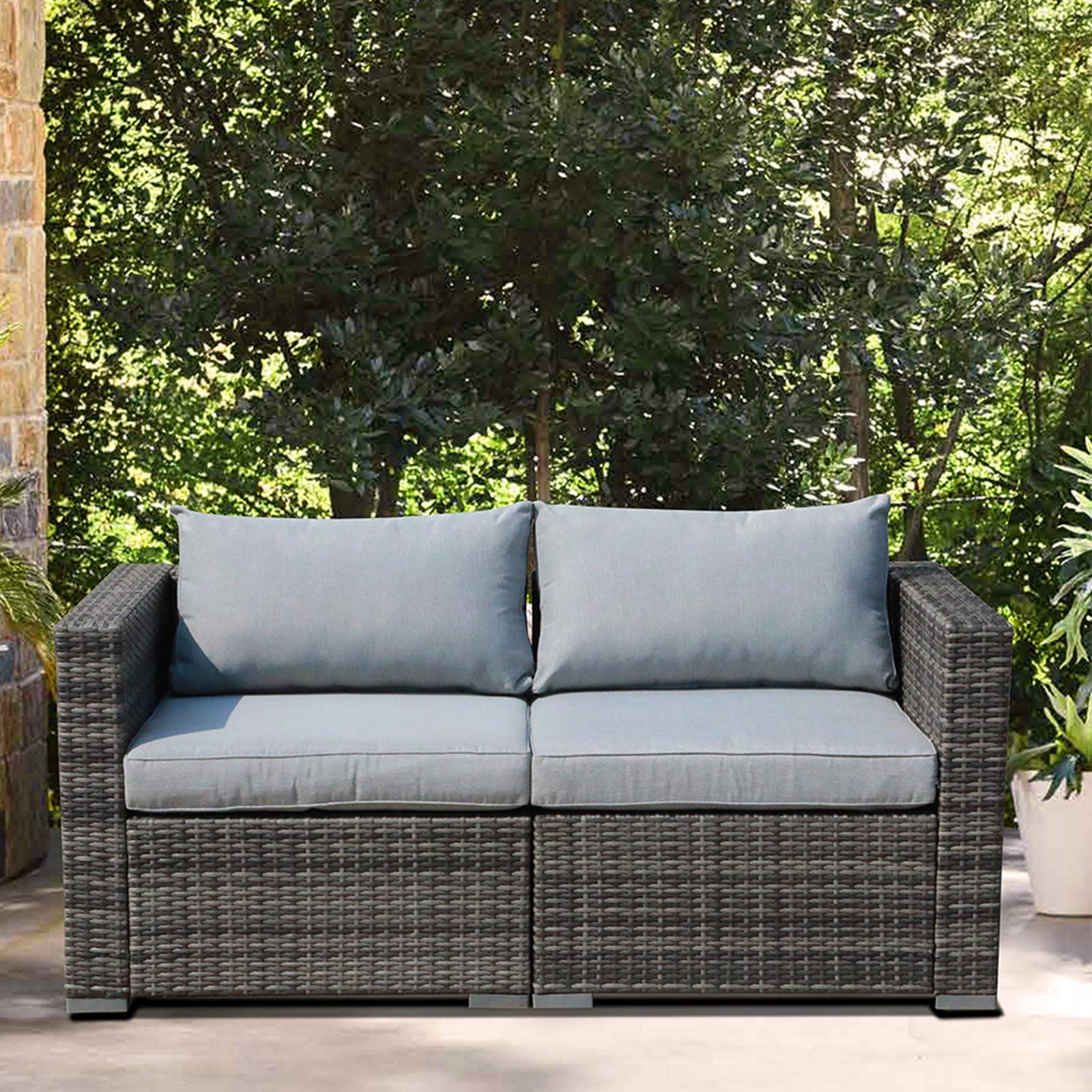 All-Weather Grey PE Rattan Outdoor Loveseat Set - 2-Piece Wicker Sectional Sofa with Light Grey Cushions | Patiorama Corner Sofa for Patio, Garden & Poolside Relaxation