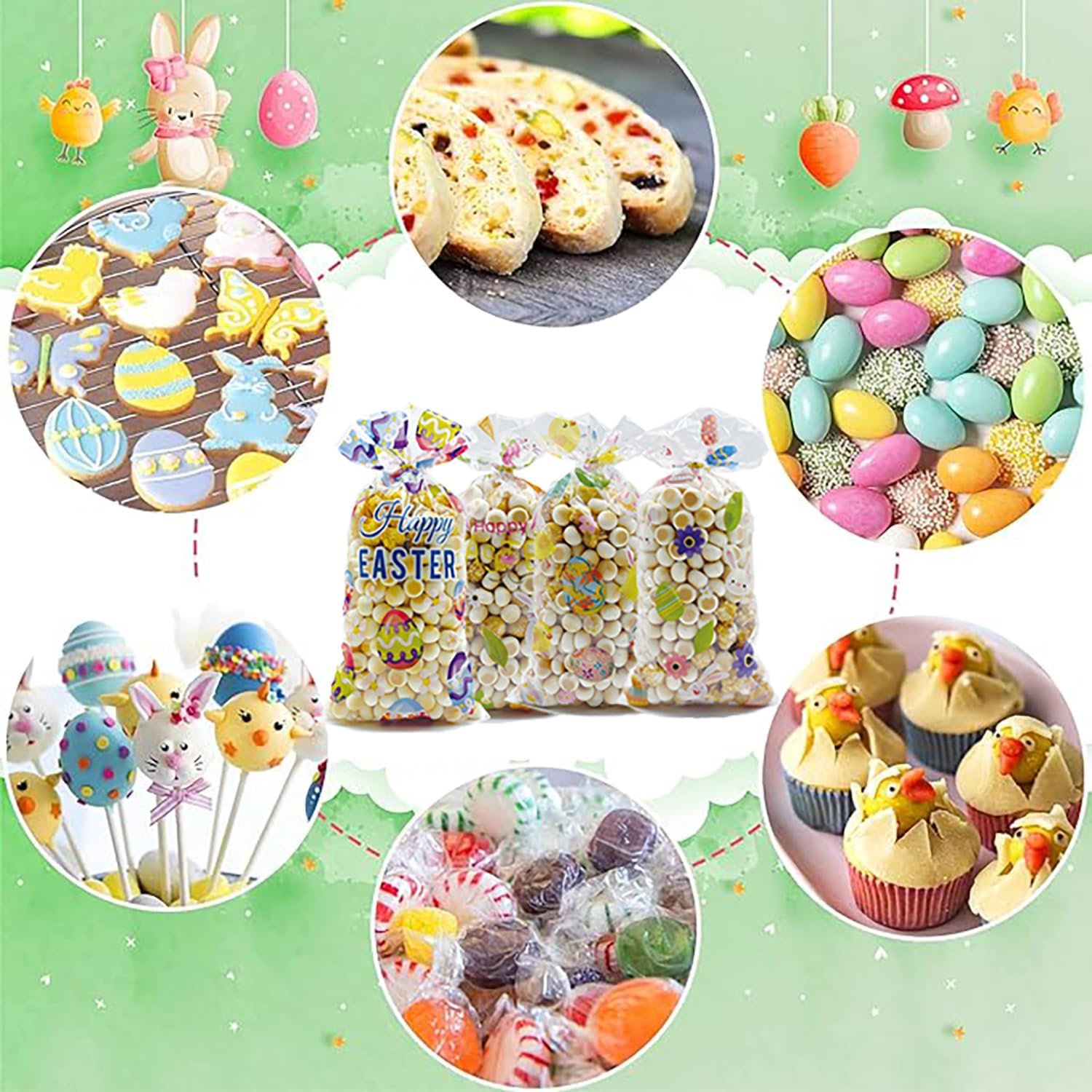 ONFAON Easter Cellophane Treat Bags - 180pcs with 200pcs Twist Ties for Snacks, Cookies, Candy Packaging - Perfect for Easter Party Favors, Holiday Gift Wrapping & Classroom Treats