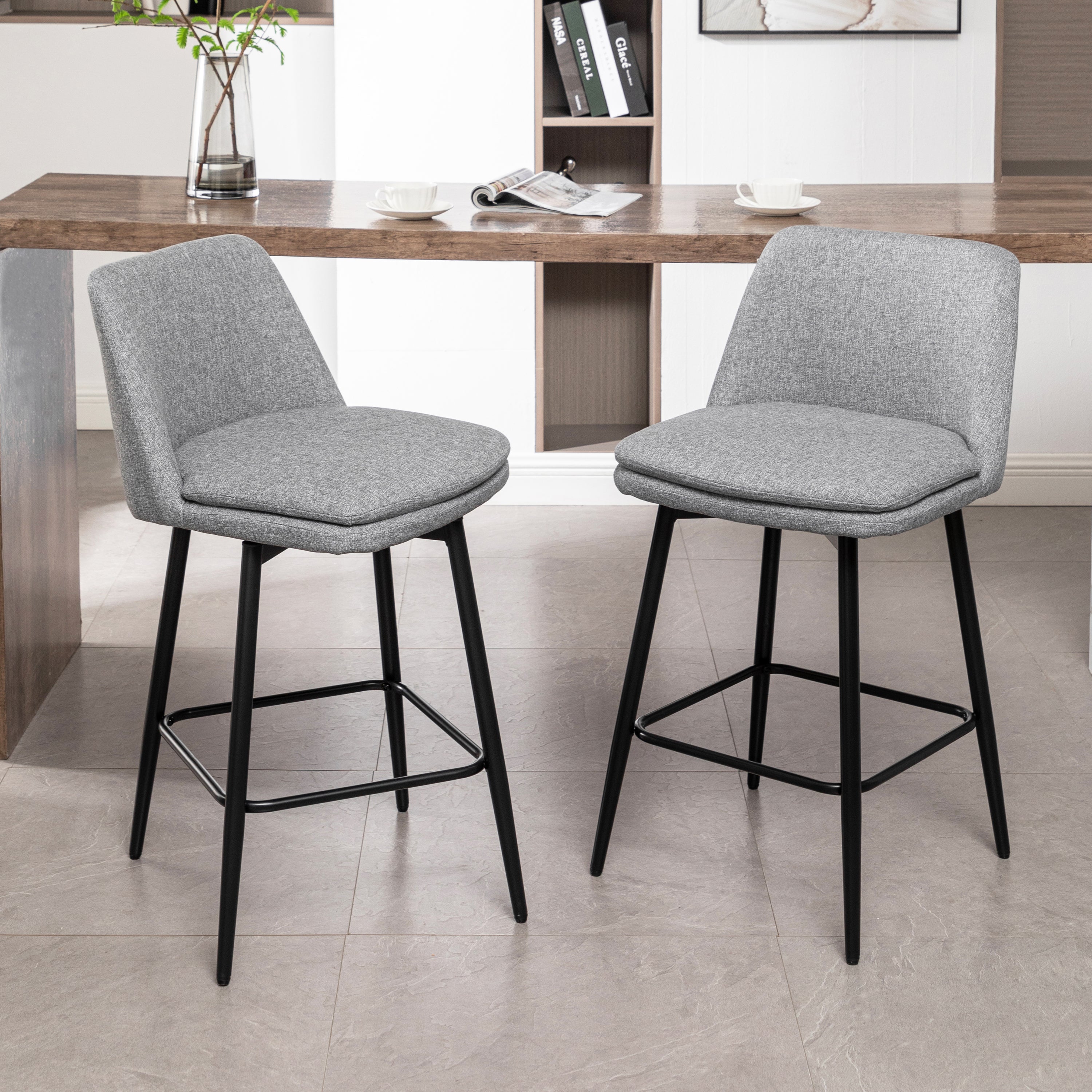 360° Swivel Counter Height Bar Stools Set of 2 - Upholstered with Back Support & Sturdy Metal Legs, 25.6