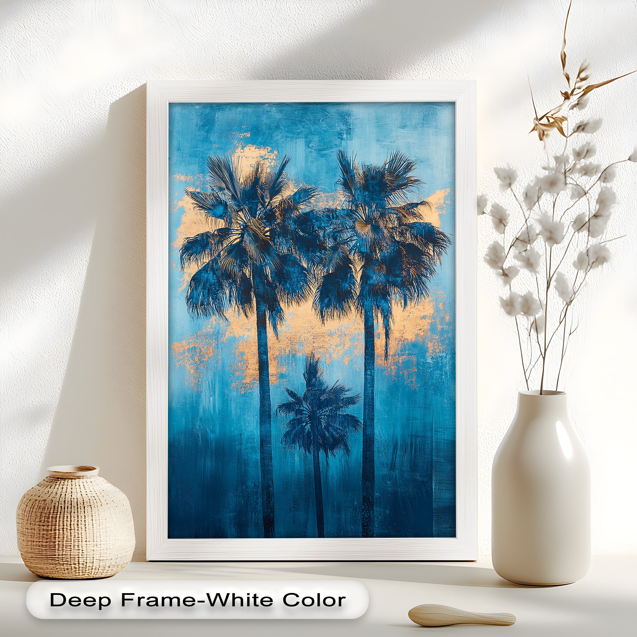 Blue Sunset Palms Tropical Oil Painting - Handmade Beach Wall Art for Living Room, Bedroom & Office Decor