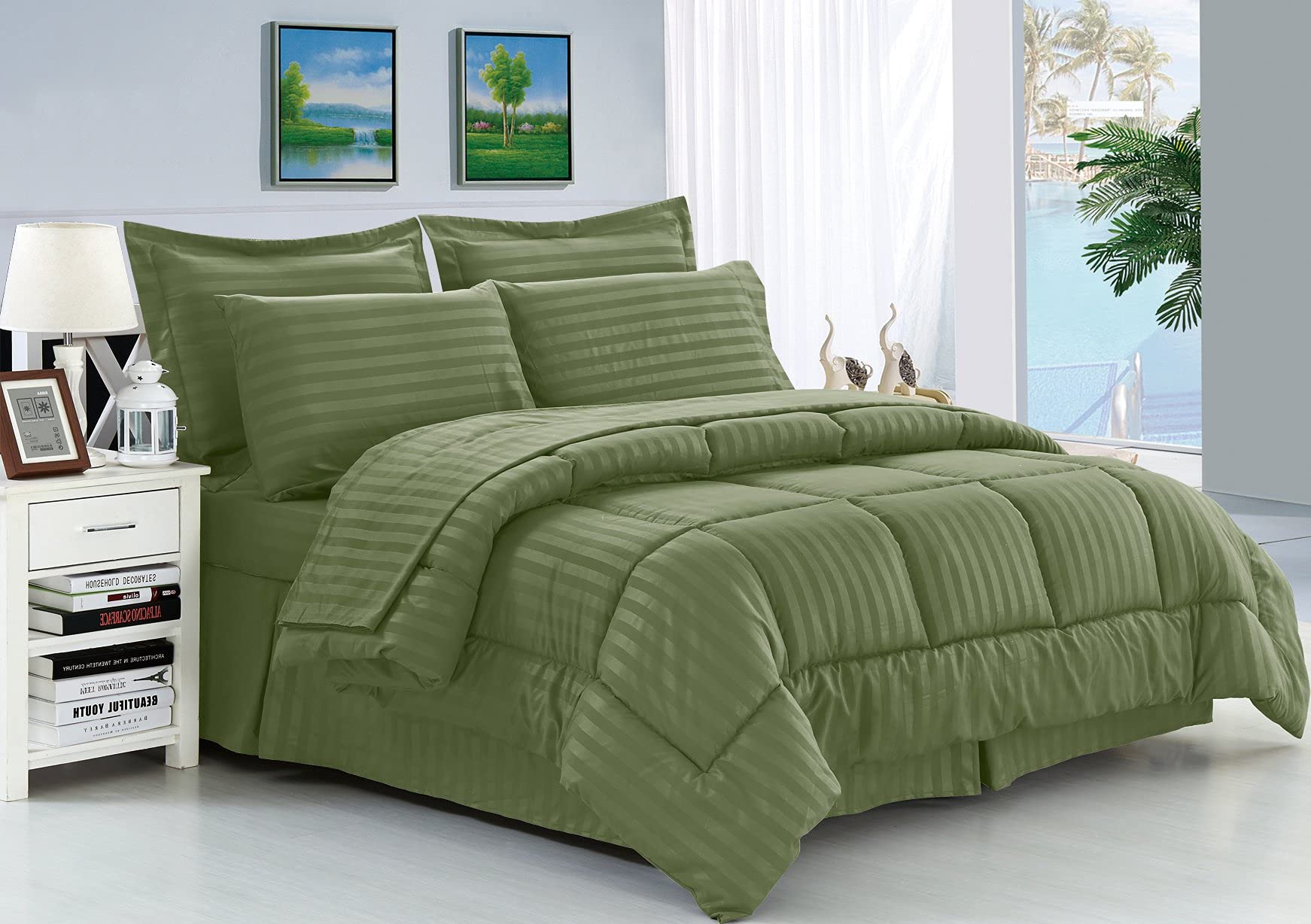 Stripe Comforter Set Palatial King 120x98 - 5 Piece Soft Cotton Down Alternative Bedding Set with 4 Pillowcases in Sage Green | Perfect for Master Bedrooms, Guest Rooms & Cozy Home Decor
