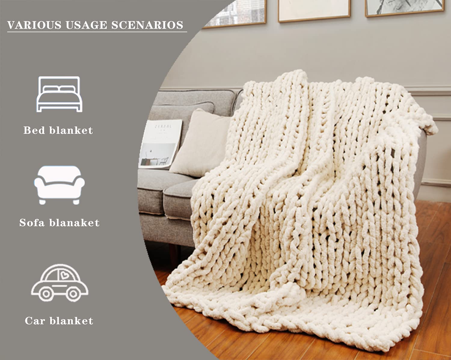 Alzoear Chunky Knit Throw Blanket - Chenille Handmade Cozy Warm Blanket for Sofa, Bedroom & Home Decor (Beige, 60