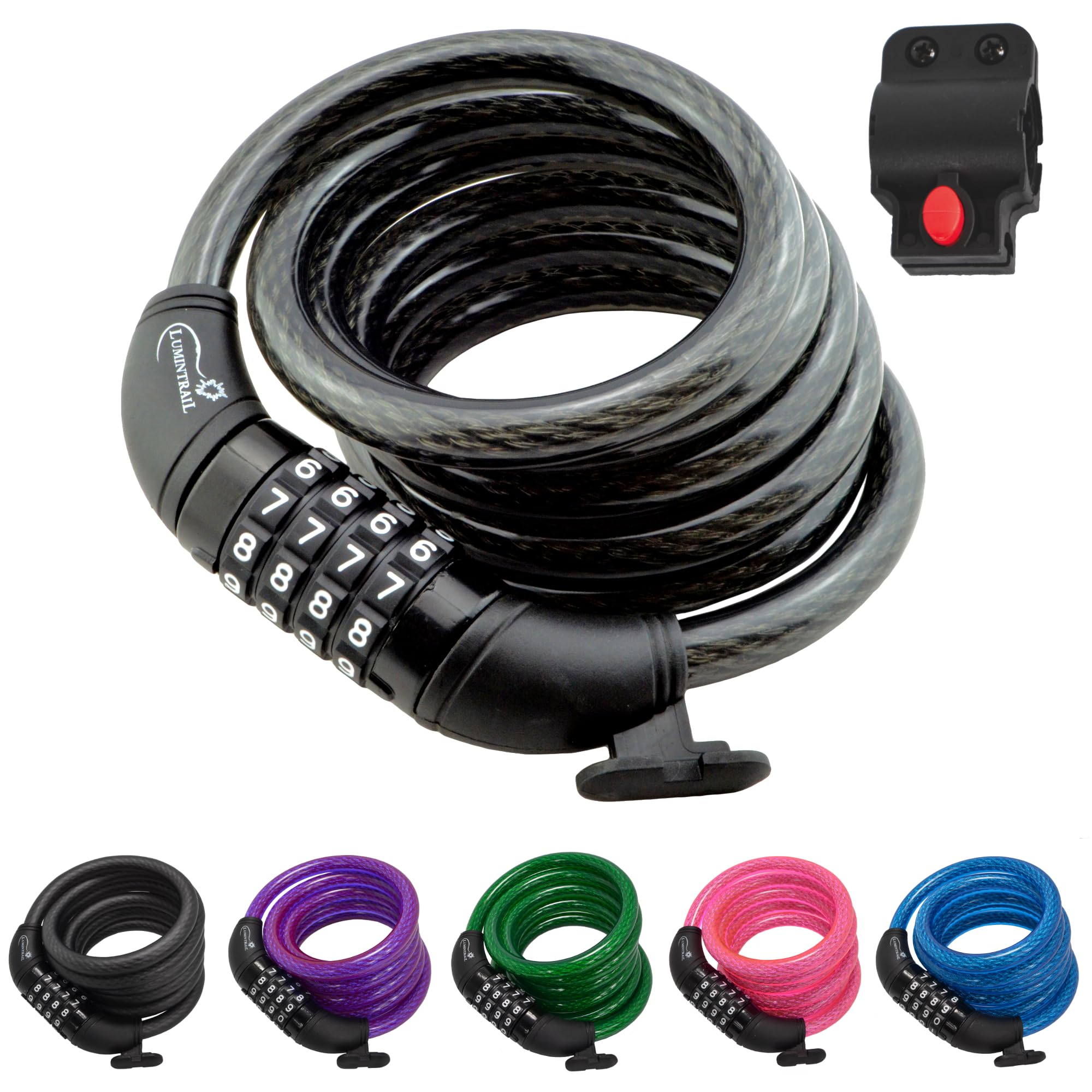 Lumintrail 6ft Self-Coiling Bike Lock - 12mm Braided Steel Cable with Resettable Combination & Mounting Bracket - Secure Bicycles, Scooters, Gates & Outdoor Equipment