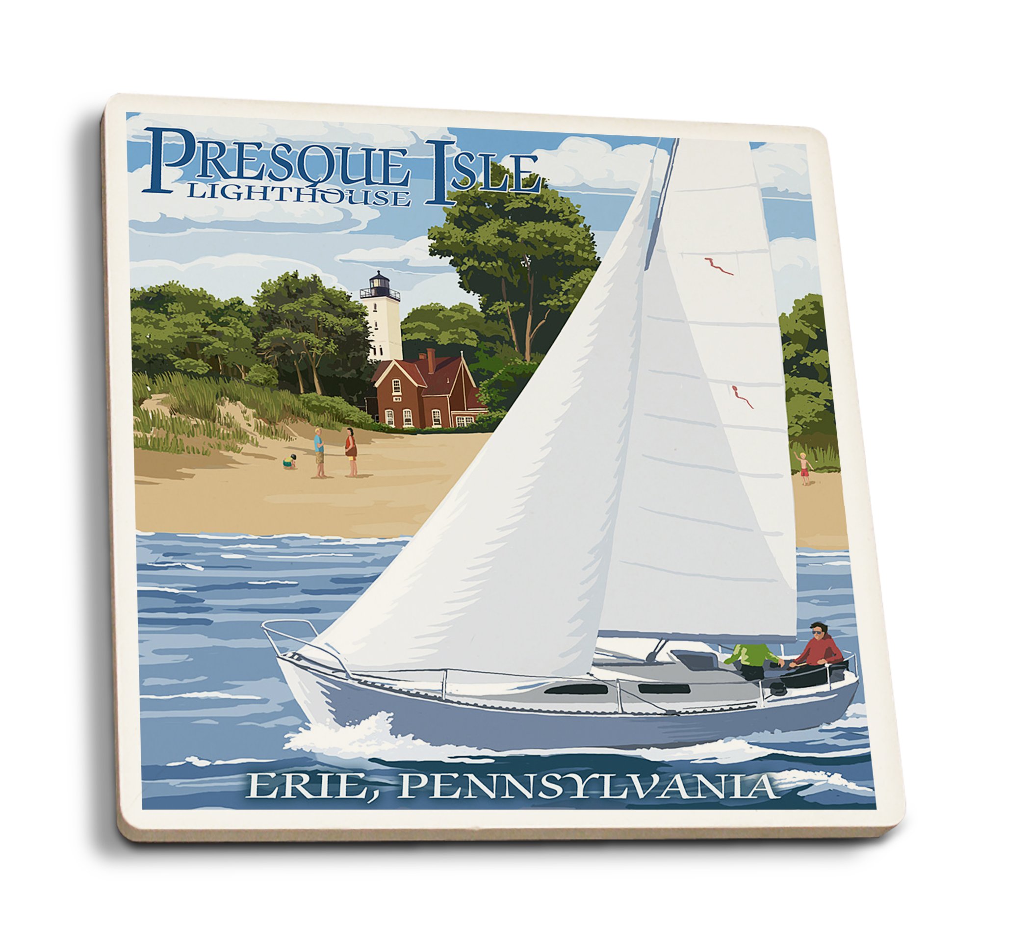 Absorbent Ceramic Coasters Set of 4 with Presque Isle Lighthouse Design - Cork Backed for Drink Protection - Perfect for Kitchen, Dining Table, and Home Decor - Erie Pennsylvania Inspired Gift Idea