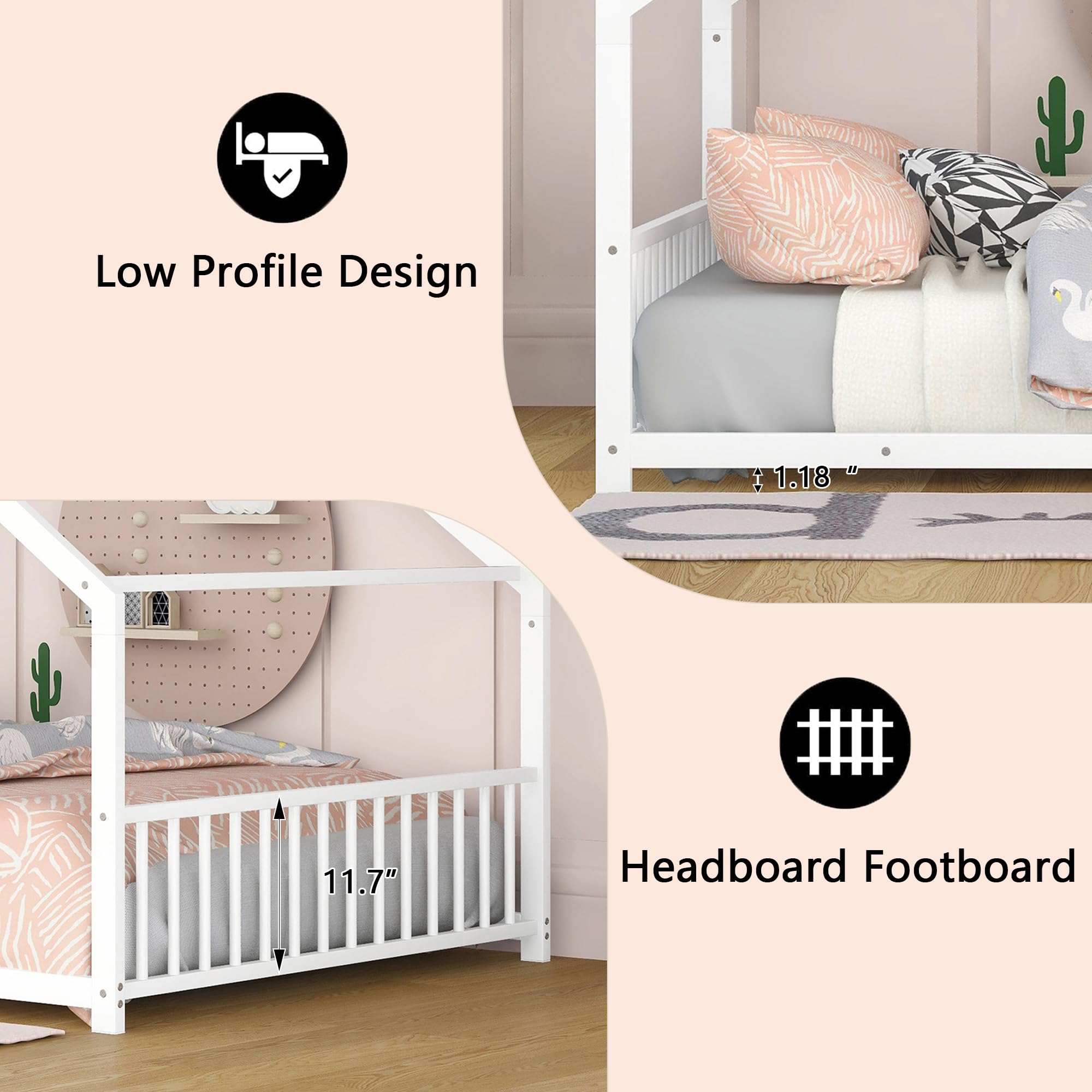 Montessori Metal Floor Bed Frame - Full Size House Bed with Headboard & Slats, Sturdy Kids Bed for Boys & Girls, White - Perfect for Montessori Bedrooms & Child-Friendly Spaces