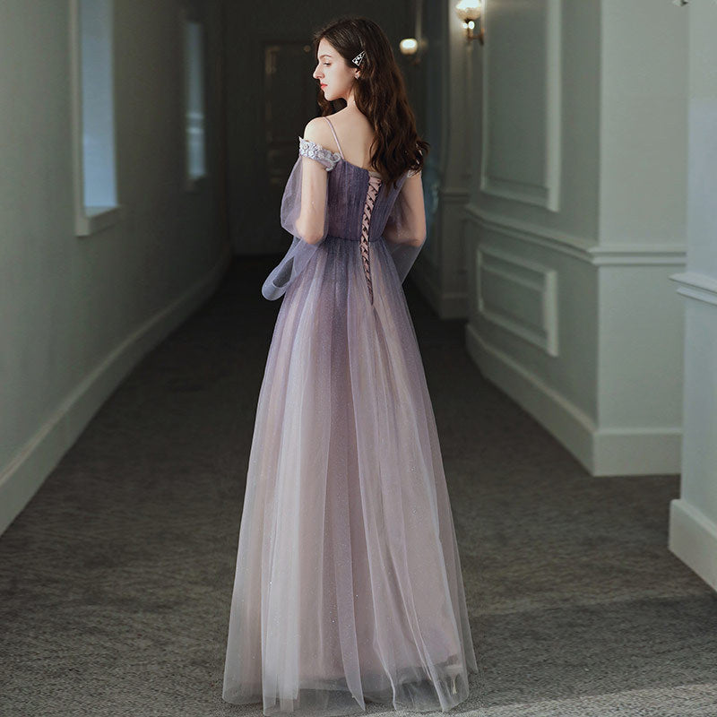 Elegant Off Shoulder Purple A-Line Tulle Prom Dress with Long Sleeves - Formal Evening Gown for Homecoming, Wedding Guest & Special Occasions