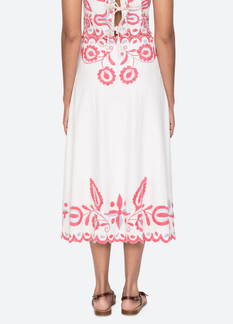 Sea New York Eevi Embroidered Twill Midi Skirt for Women - Floral Stitched A-Line Skirt with Pockets | Perfect for Office, Date Night & Spring Outfits
