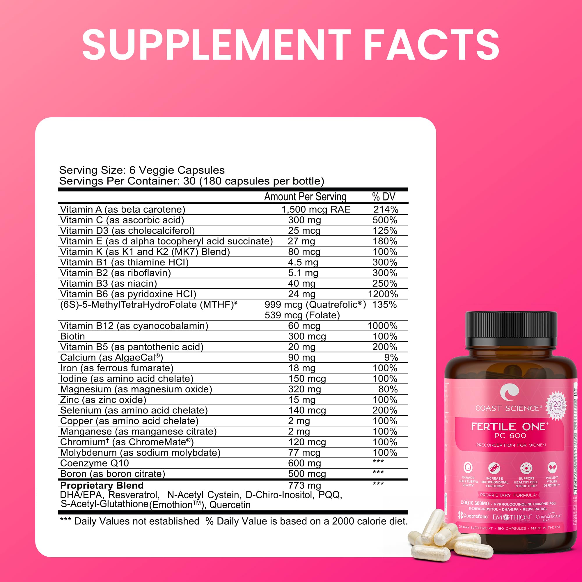 Fertile One PC 600 - Advanced Preconception Supplement with 600mg CoQ10 for Women's Reproductive Health | Supports IVF & Fertility Enhancement | 180 Vegetarian Capsules | Perfect for Pre-Pregnancy Planning & Fertility Support