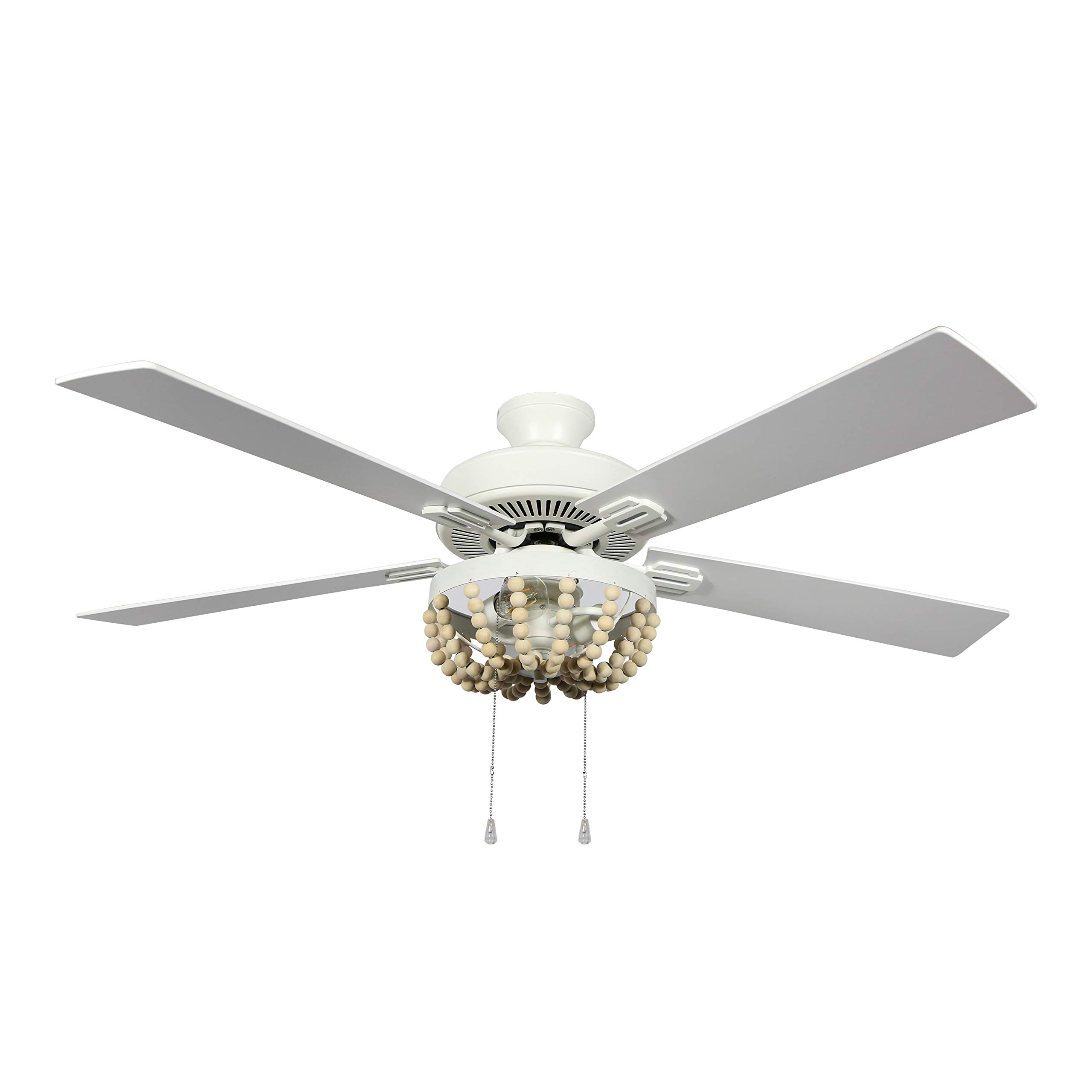 52 Inch Coastal Wooden Bead LED Ceiling Fan with Remote Control - Cream White Finish - Perfect for Beach House, Bedroom, Living Room & Patio Cooling