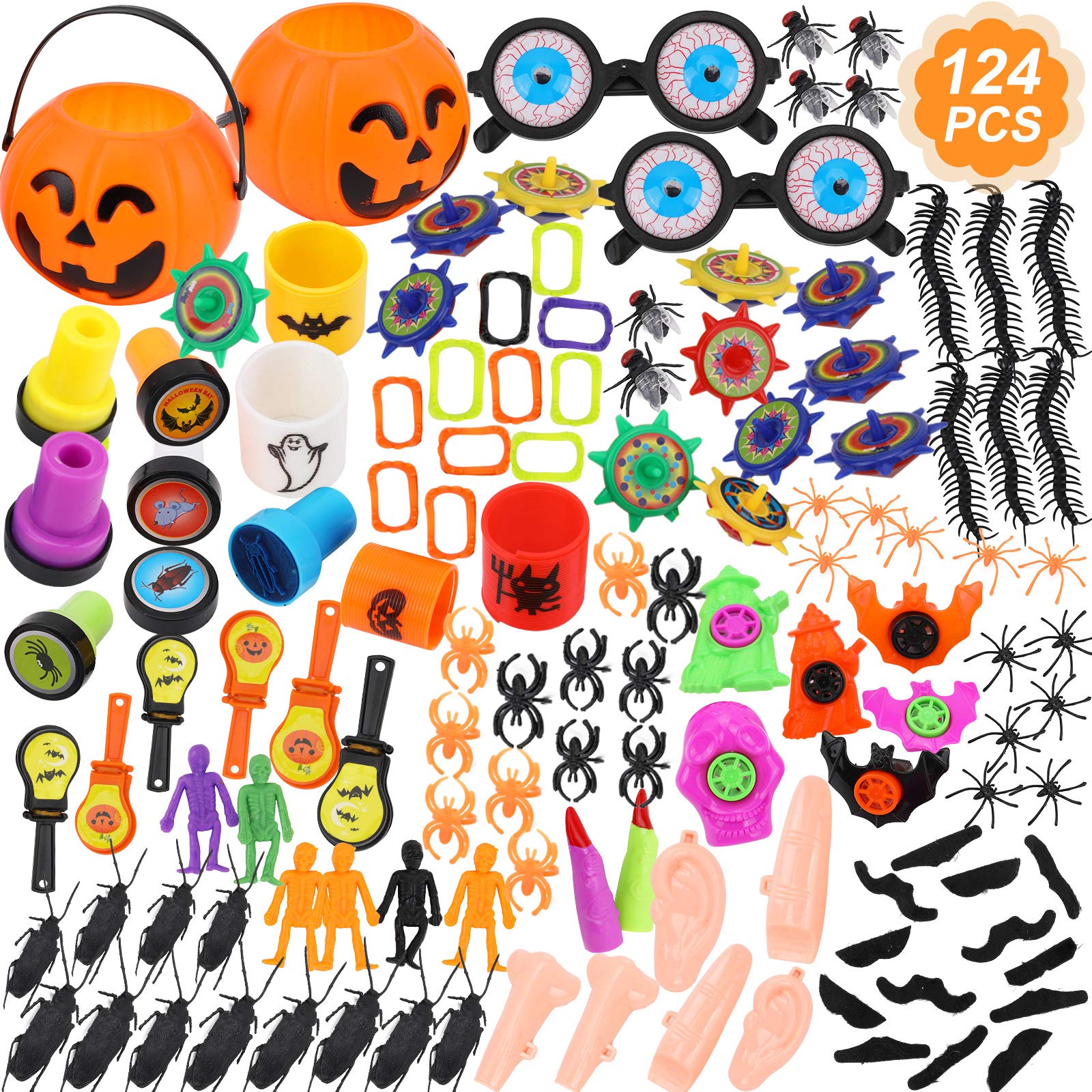 Konsait 124pcs Halloween Party Favor Toys Set - Novelty Assortment Kit for Kids, Boys & Girls - Trick or Treat Decorations, Classroom Prizes & School Rewards - Perfect for Halloween Parties, Trick-or-Treating & Classroom Games