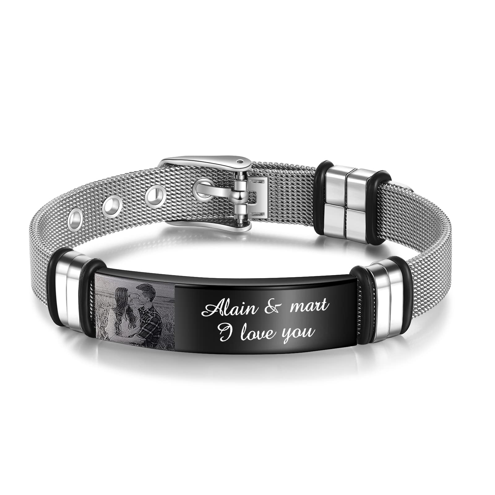 Personalized Photo Bracelet for Men - Custom Couple Name Engraved Picture Bracelet - Unique Father's Day, Birthday Gift for Boyfriend, Husband, Dad, Grandpa - Perfect for Anniversaries, Valentine's Day & Special Occasions