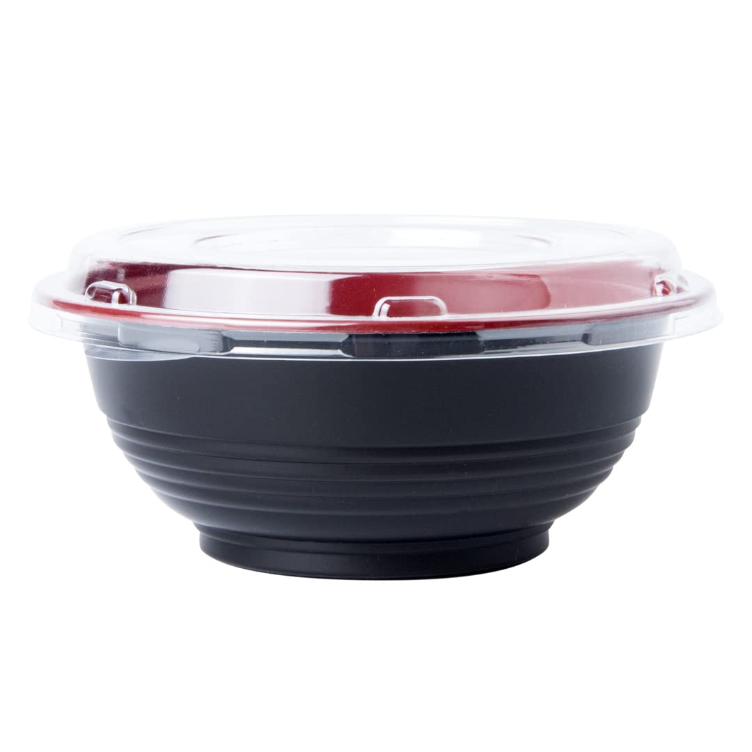 Restaurantware 18oz Disposable Food Containers - 200 Pack Salad Bowls with Lids, Microwave Safe Black & Red Plastic To-Go Bowls | Perfect for Asian Cuisine, Picnics, Takeout, Catering & Meal Prep