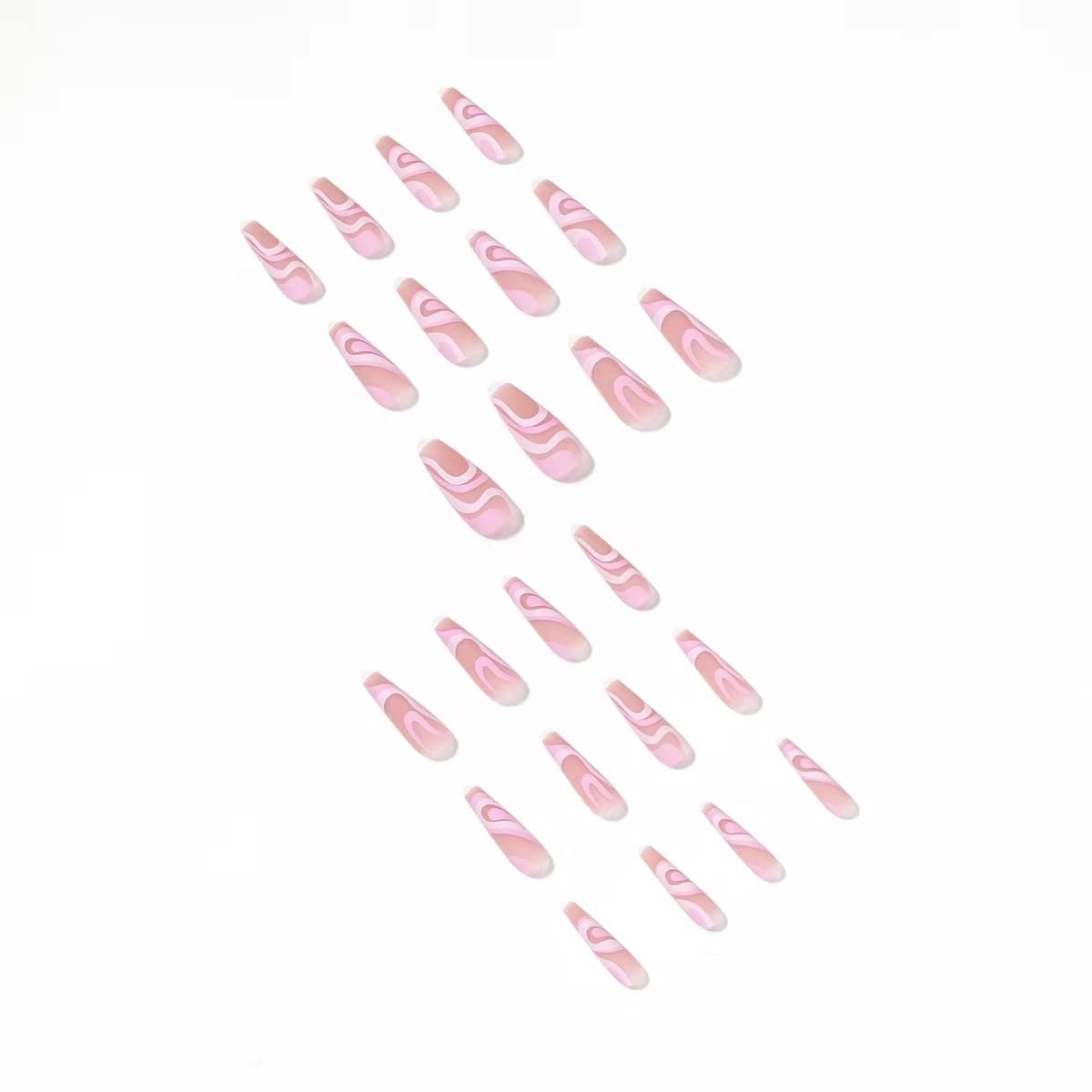 Extra Long Ballet Coffin Press-On Nails - Matte Frosted Fake Nails 24 Pcs for Women & Girls (Rose Color Lines) | Easy Application, Salon-Quality Manicure at Home | Perfect for Parties, Weddings & Special Occasions