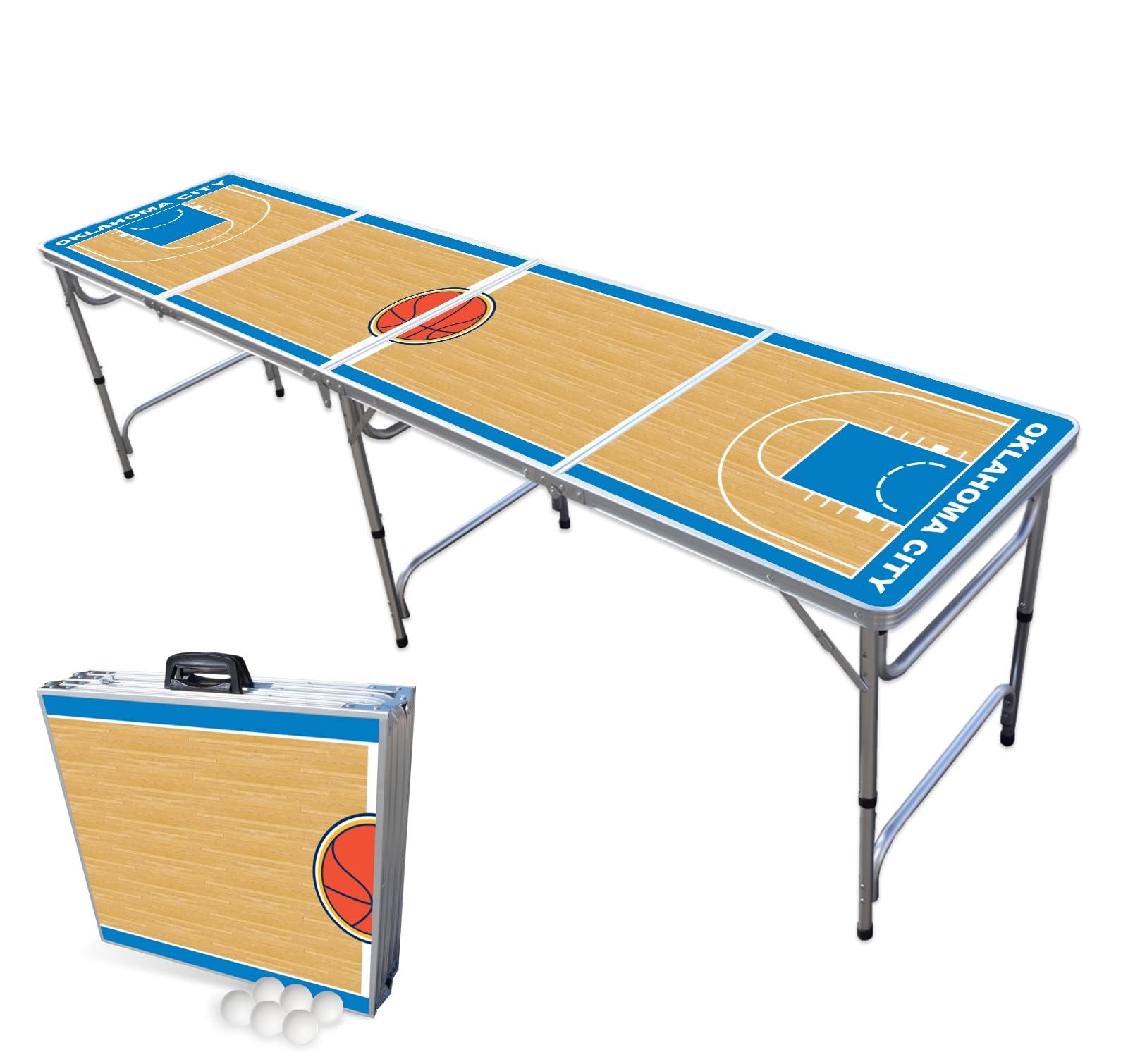 8-Foot Folding Portable Beer Pong Table with LED Lights & Optional Cup Holders - Oklahoma City Basketball Court Design - Perfect for Parties, Tailgates & Backyard Games (Choose Your Model)