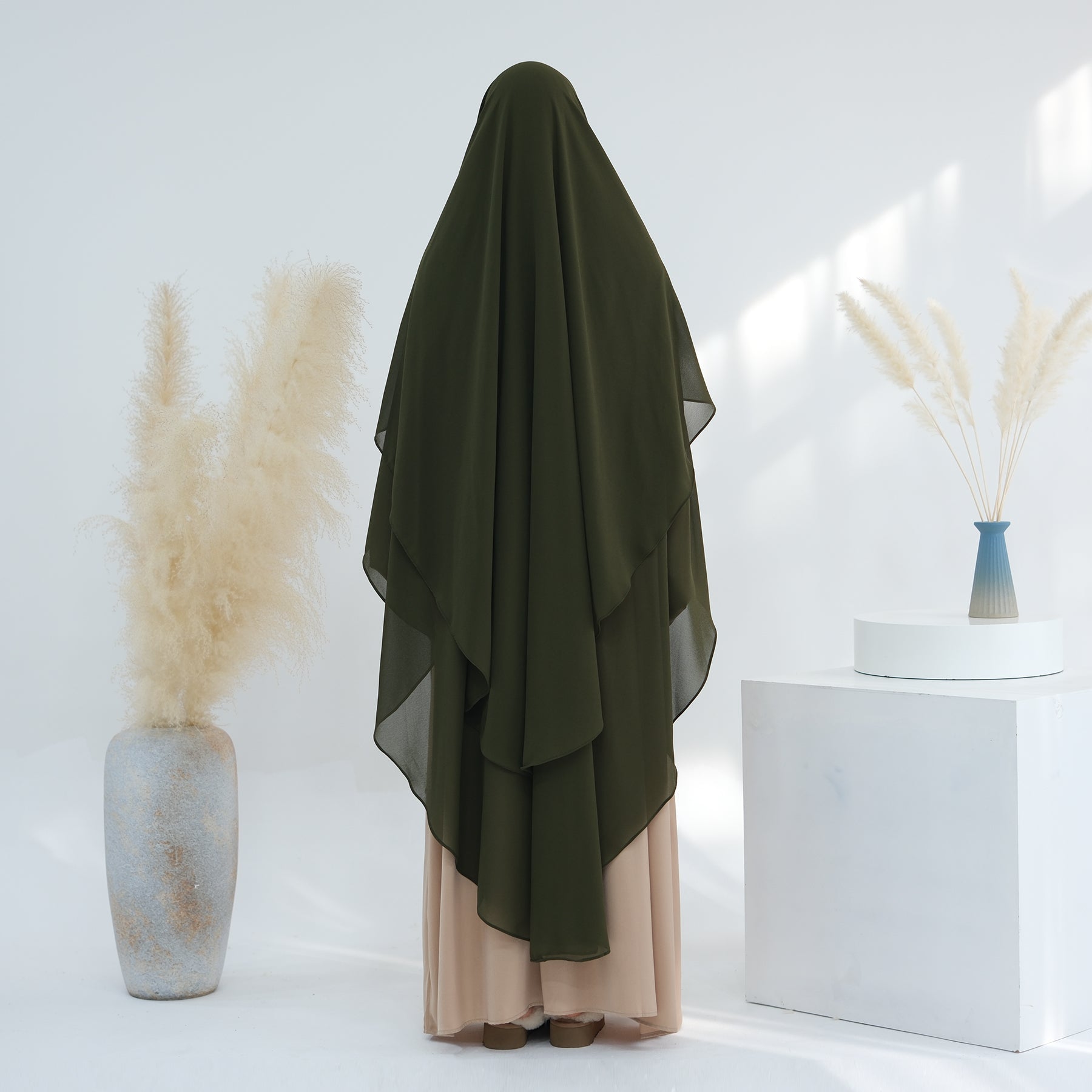 2 Layer Maxi Chiffon Khimar Olive - Elegant Muslim Prayer Dress for Women, Perfect for Islamic Prayer, Mosque, and Special Occasions