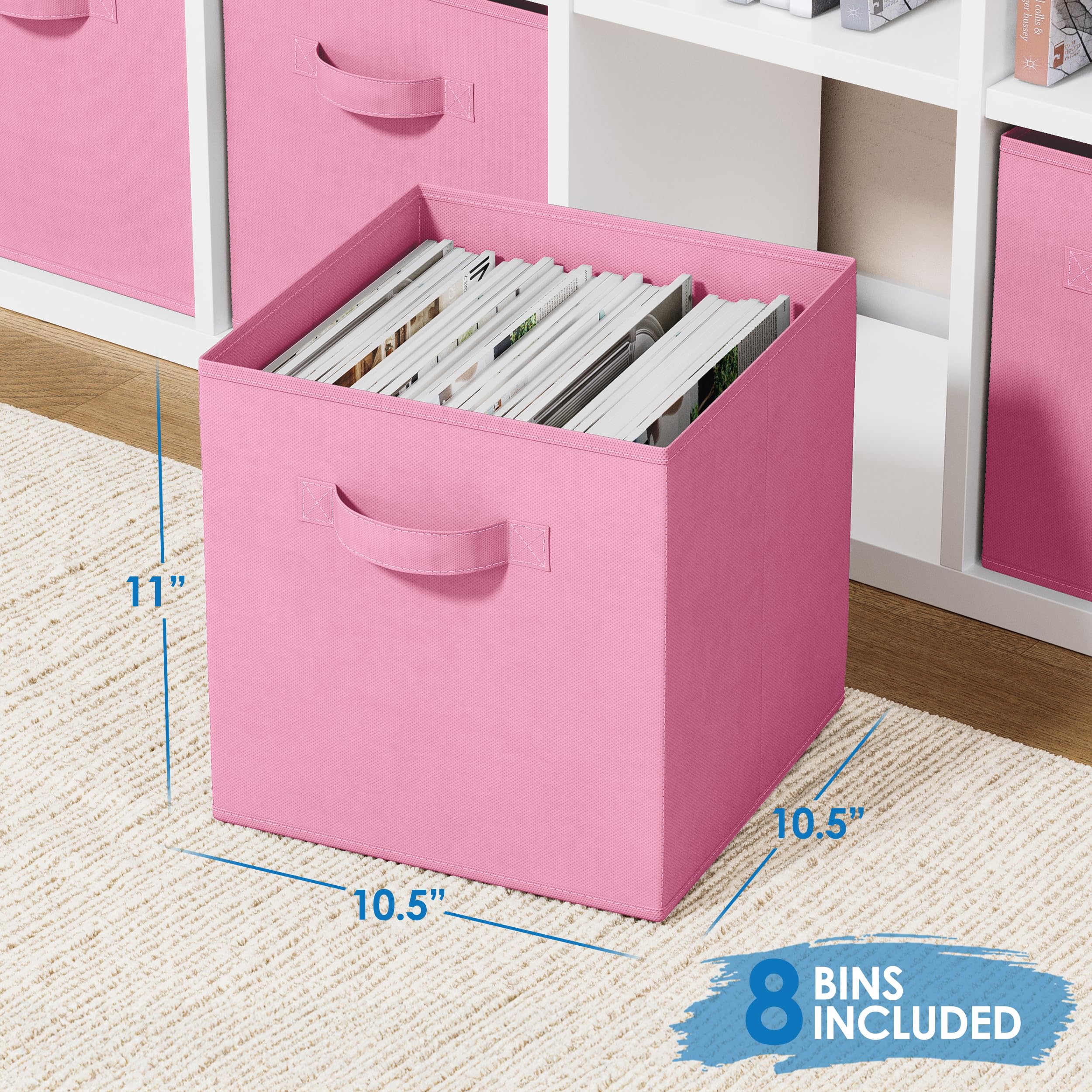 11 Inch Fabric Storage Cubes with Handles (Set of 8) - Foldable Closet Organizer Bins for Shelves, Toys & Home Organization | Light Pink Cubby Baskets for Bedroom, Nursery & Playroom Storage
