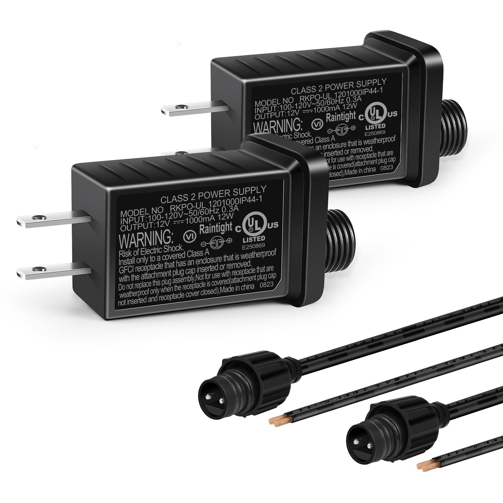 12V 12W 1A Class 2 Power Supply 2 Pack - AC to DC Low Voltage Transformer with IP44 Rating - Waterproof Power Adapter for LED Strip Lights, Christmas Decorations, Indoor & Outdoor Lighting - UL Listed - Perfect for Holiday Decor, Landscape Lighting & Home DIY Projects