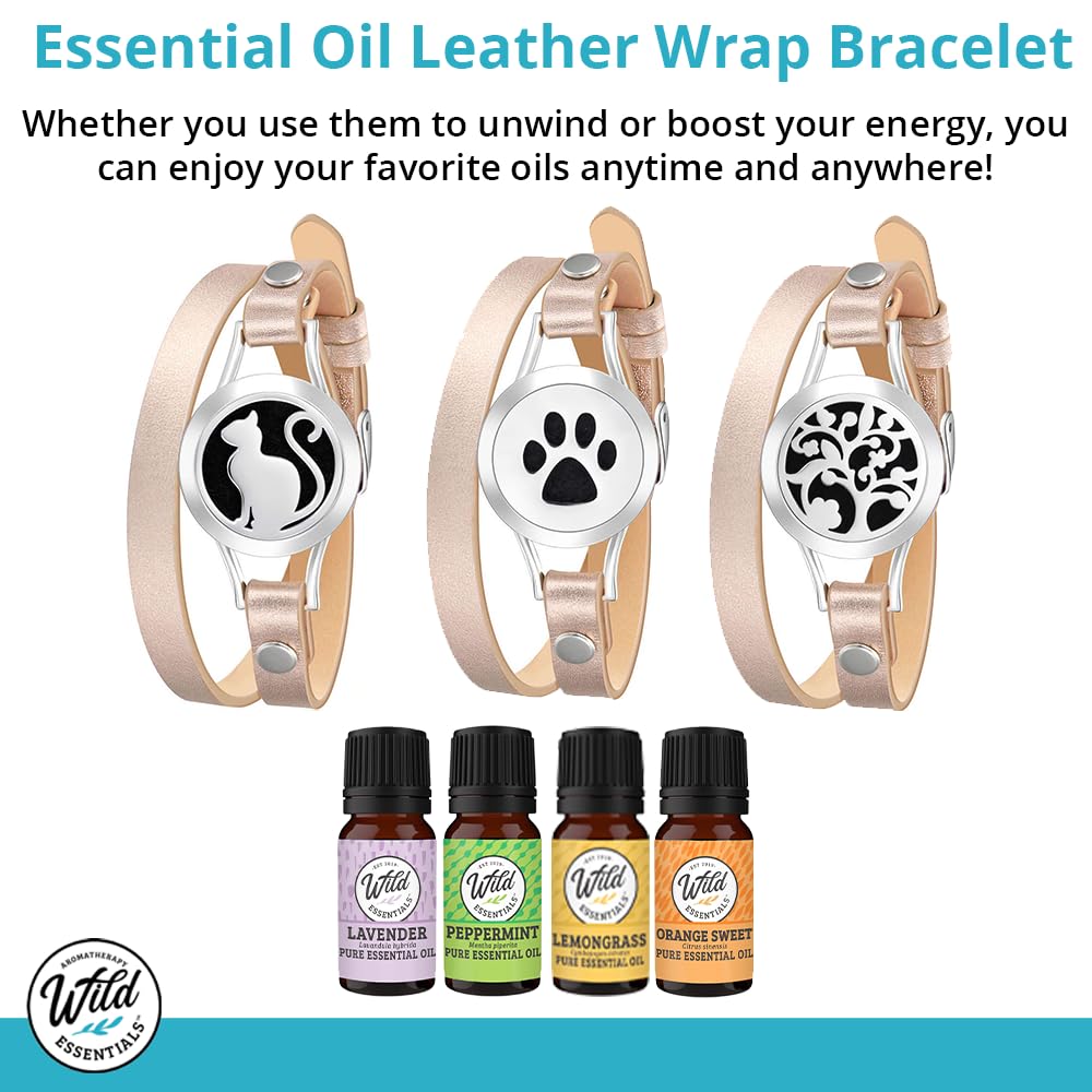 Wild Essentials Flamingo Aromatherapy Bracelet - Essential Oil Diffuser Leather Wrap Bracelet Gift Set with Lavender, Lemongrass, Peppermint & Orange Oils | 12 Refill Pads | Customizable Color Changing Perfume Jewelry for Women | Perfect for Yoga, Meditation & Stress Relief