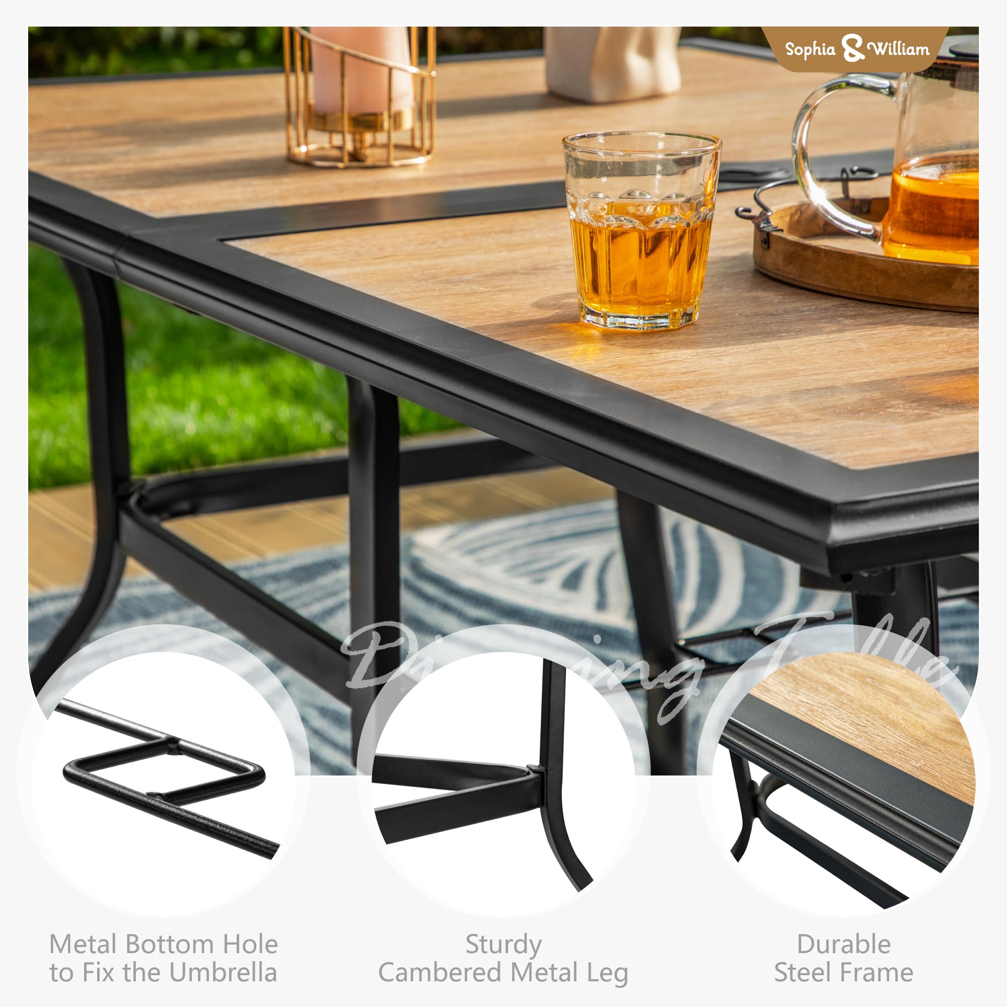 Sophia & William 6-Person Outdoor Dining Table - Rectangular Patio Table with Weather-Resistant Faux Wood Tabletop & Sturdy Steel Frame - Adjustable Umbrella Hole (1.6