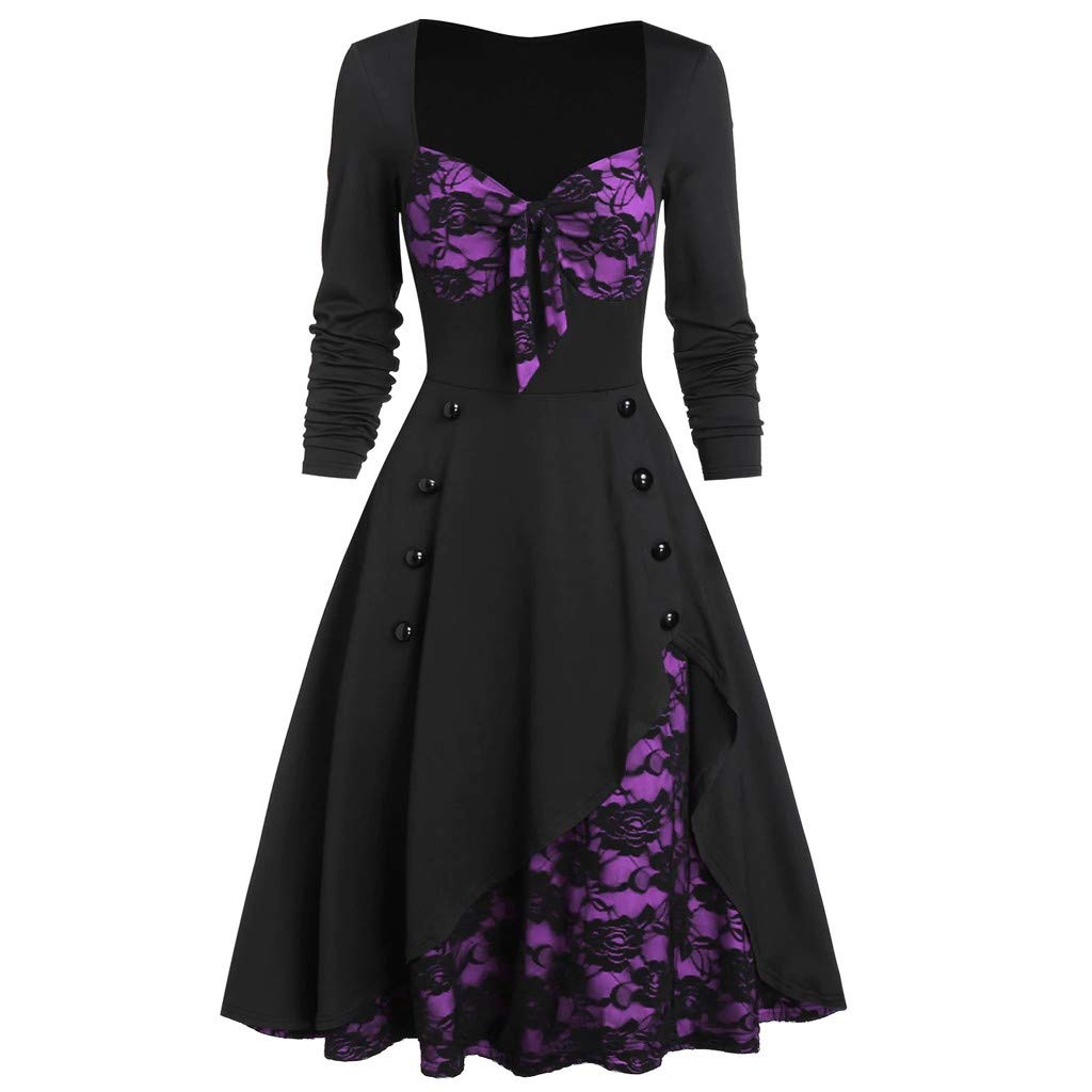Vintage Bowknot Mock Button Lace Floral Dress for Women - Plus Size Party & Special Occasion Formal Wear
