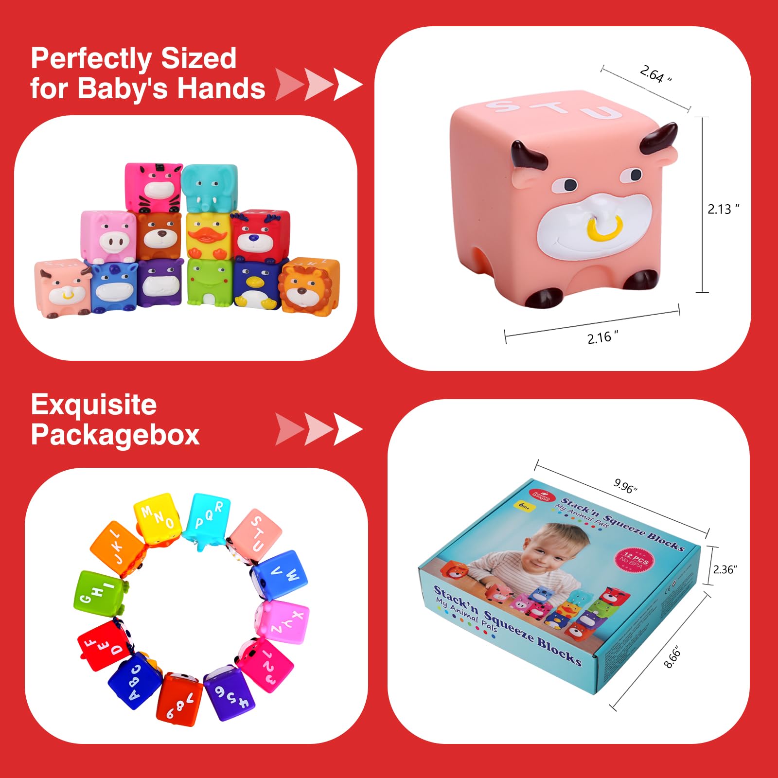 Soft Baby Blocks – 12-Piece Stacking & Building Toys for Babies & Toddlers 6+ Months – No Hole Squeeze Animal Sensory Teething Toys – Perfect for Early Learning, Motor Skills Development & Playtime Fun