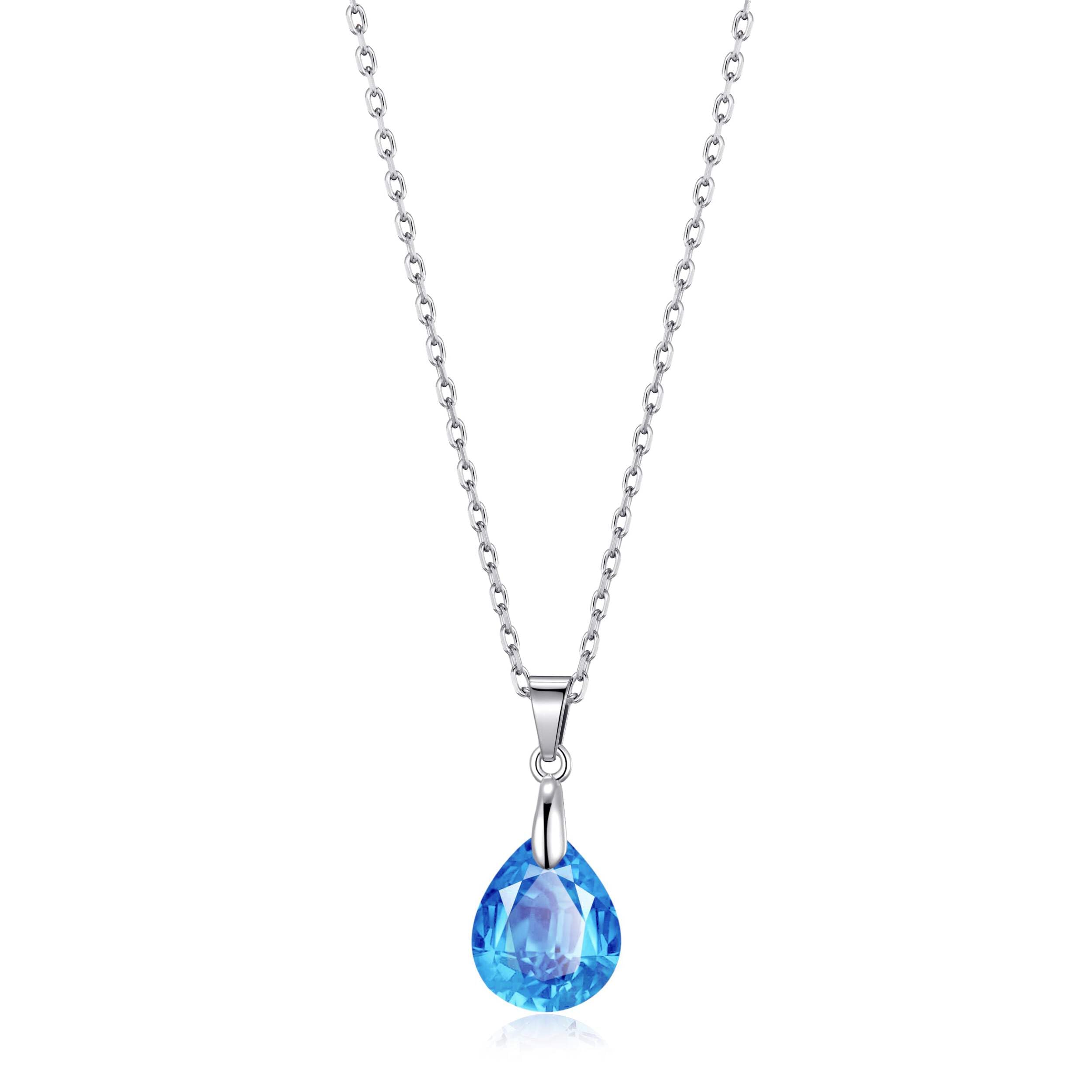 Sterling Silver Aquamarine Pear Necklace with Zirconia - Elegant Gift for Her